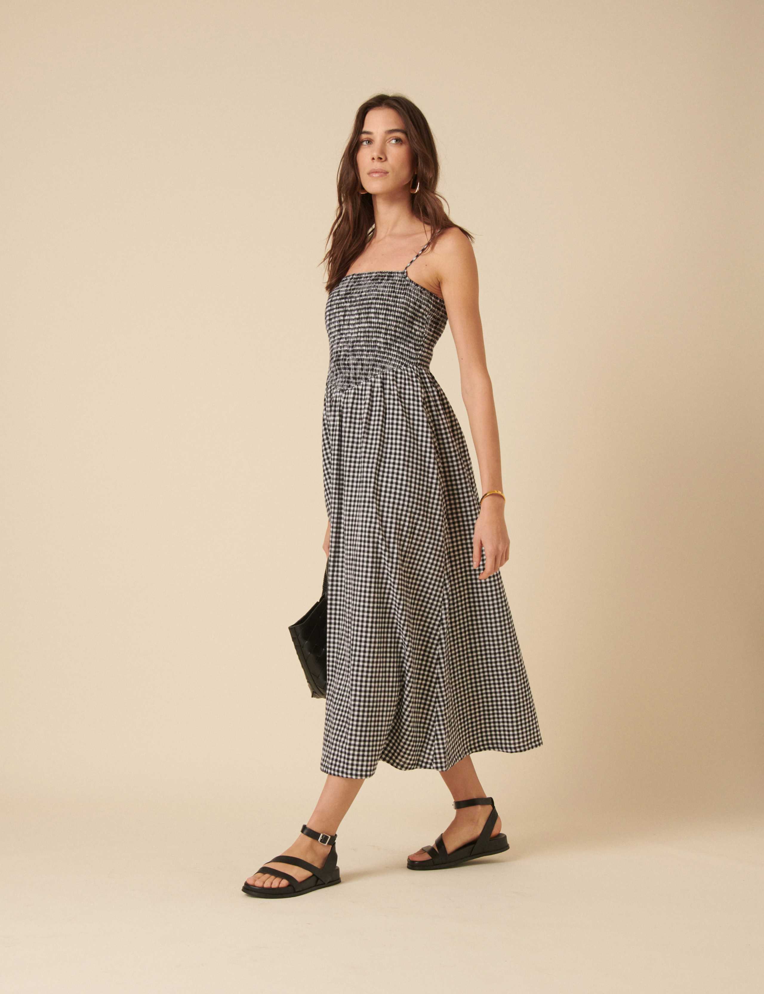 Pure Cotton Gingham Square Neck Strappy Midi Shirred Dress 4 of 4