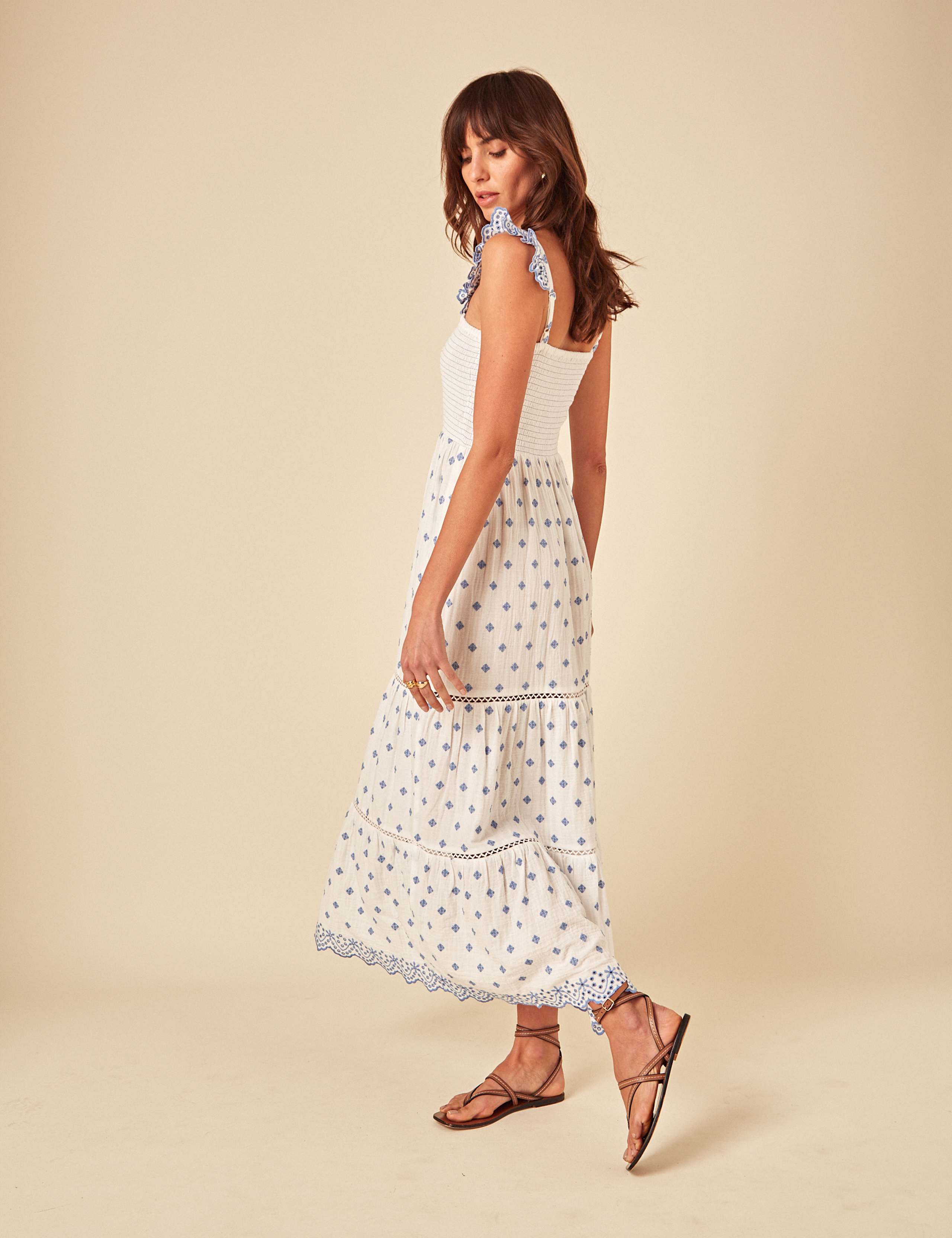 Pure Cotton Broderie Frill Strap Midaxi Tiered Dress 2 of 5