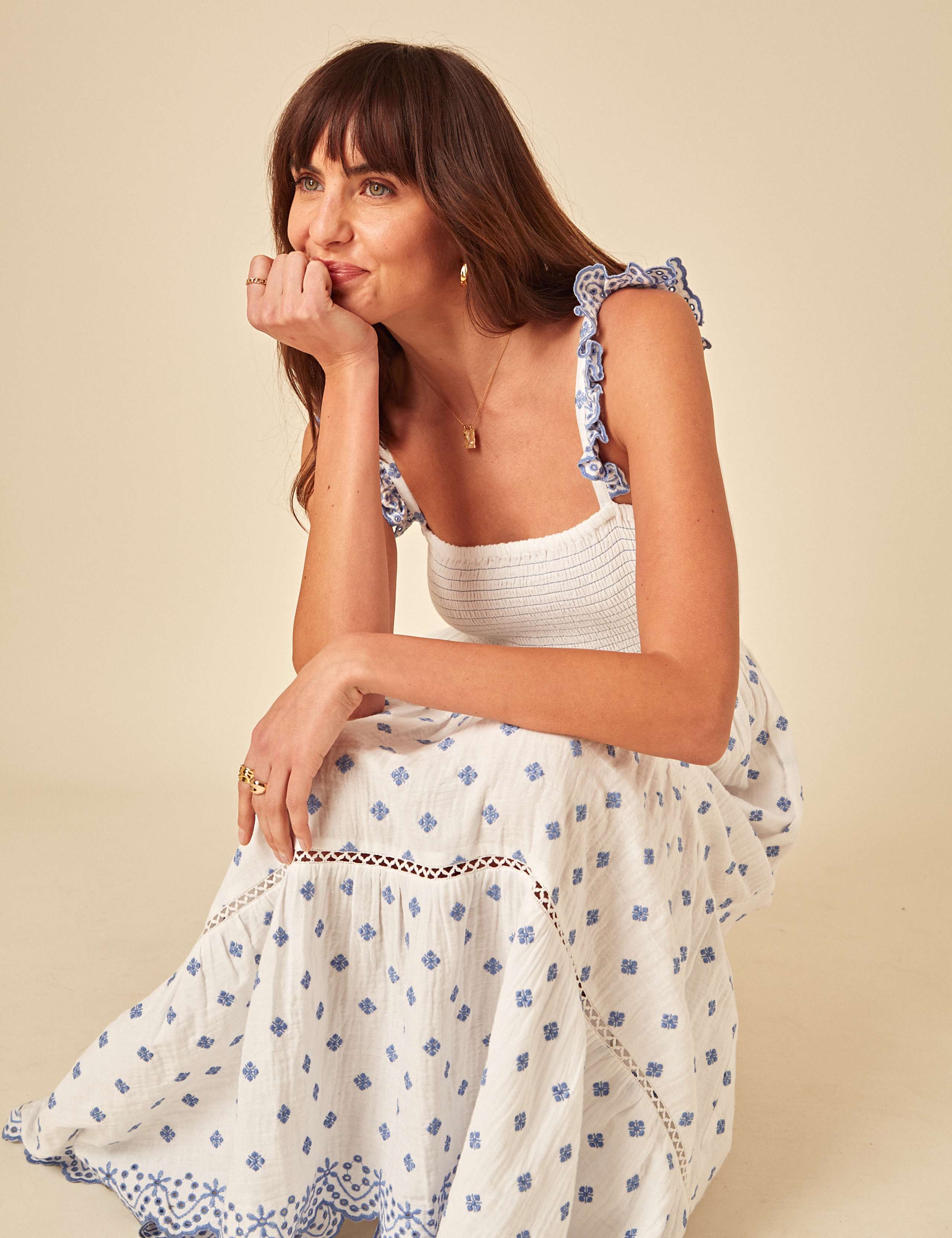 Pure Cotton Broderie Frill Strap Midaxi Tiered Dress 3 of 5