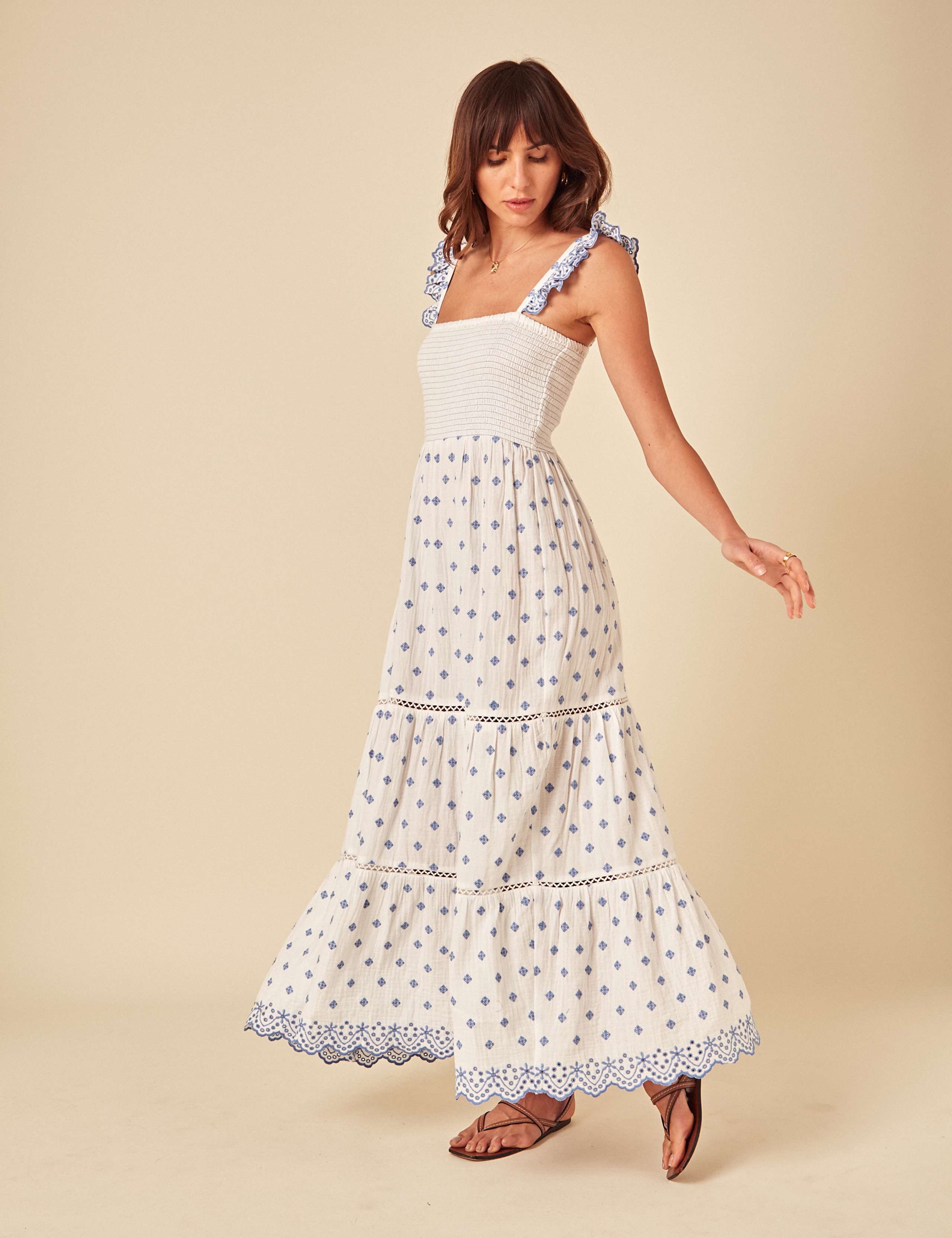 Pure Cotton Broderie Frill Strap Midaxi Tiered Dress 4 of 5