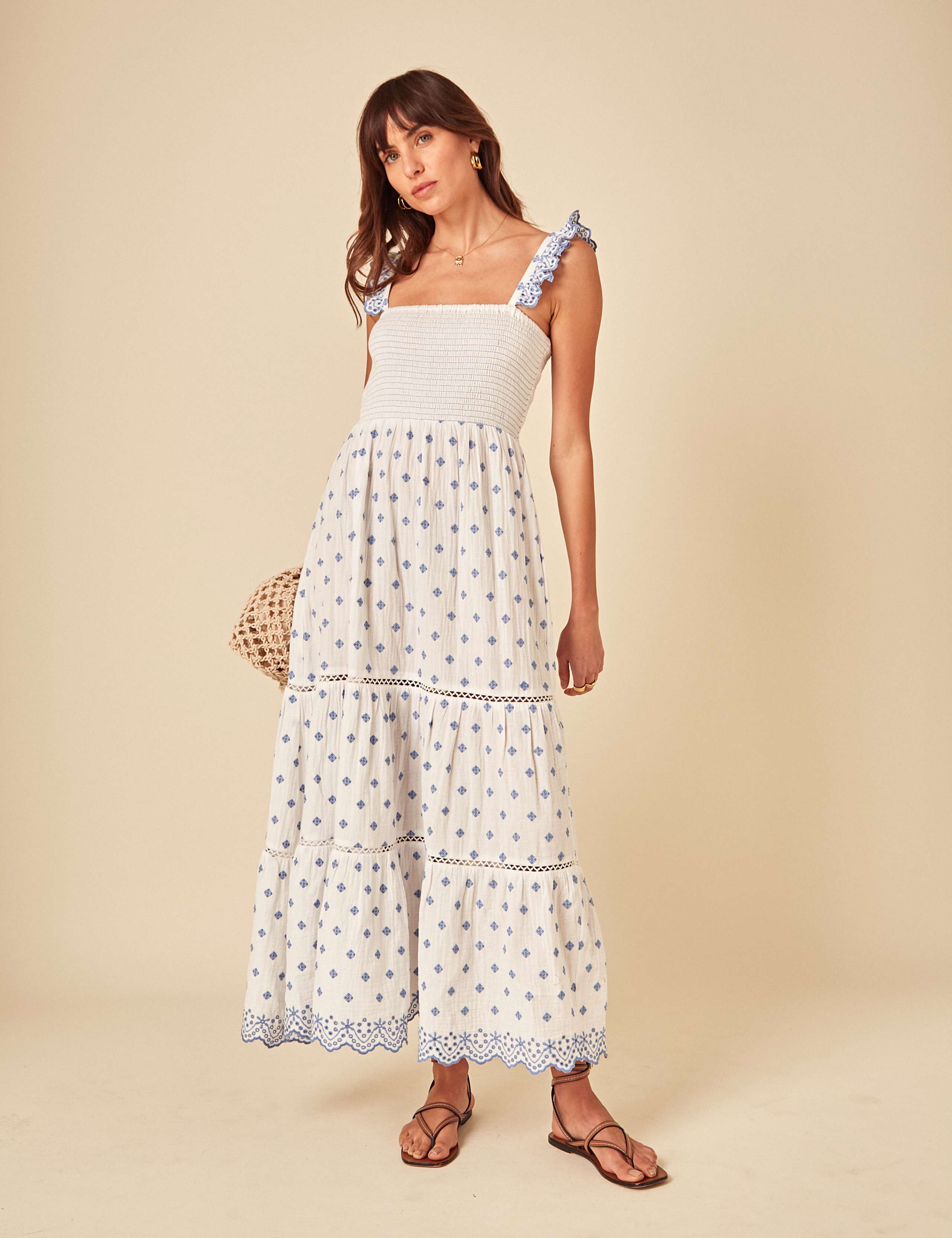 Pure Cotton Broderie Frill Strap Midaxi Tiered Dress 5 of 5