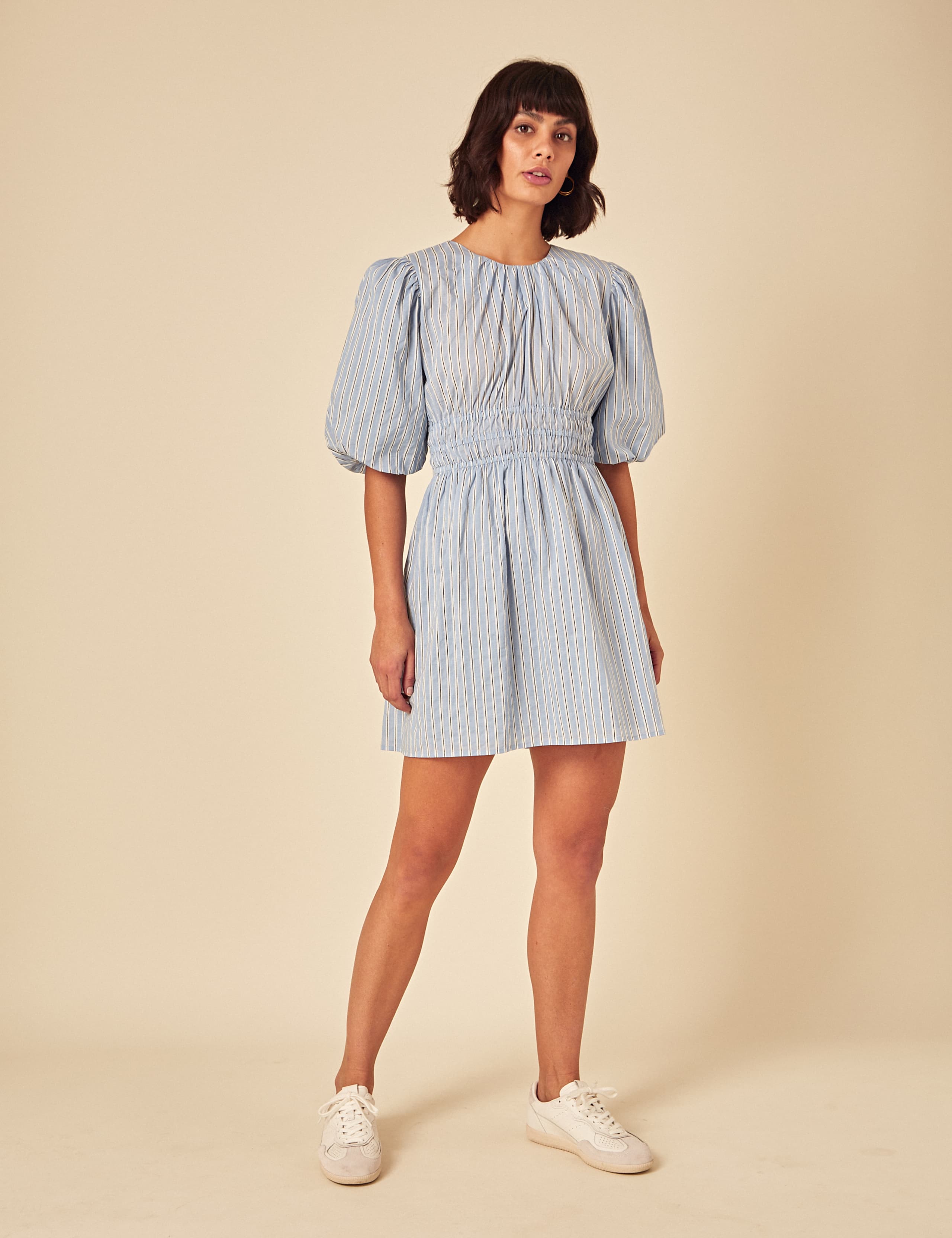 Pure Cotton Striped Puff Sleeve Mini Waisted Dress 1 of 5