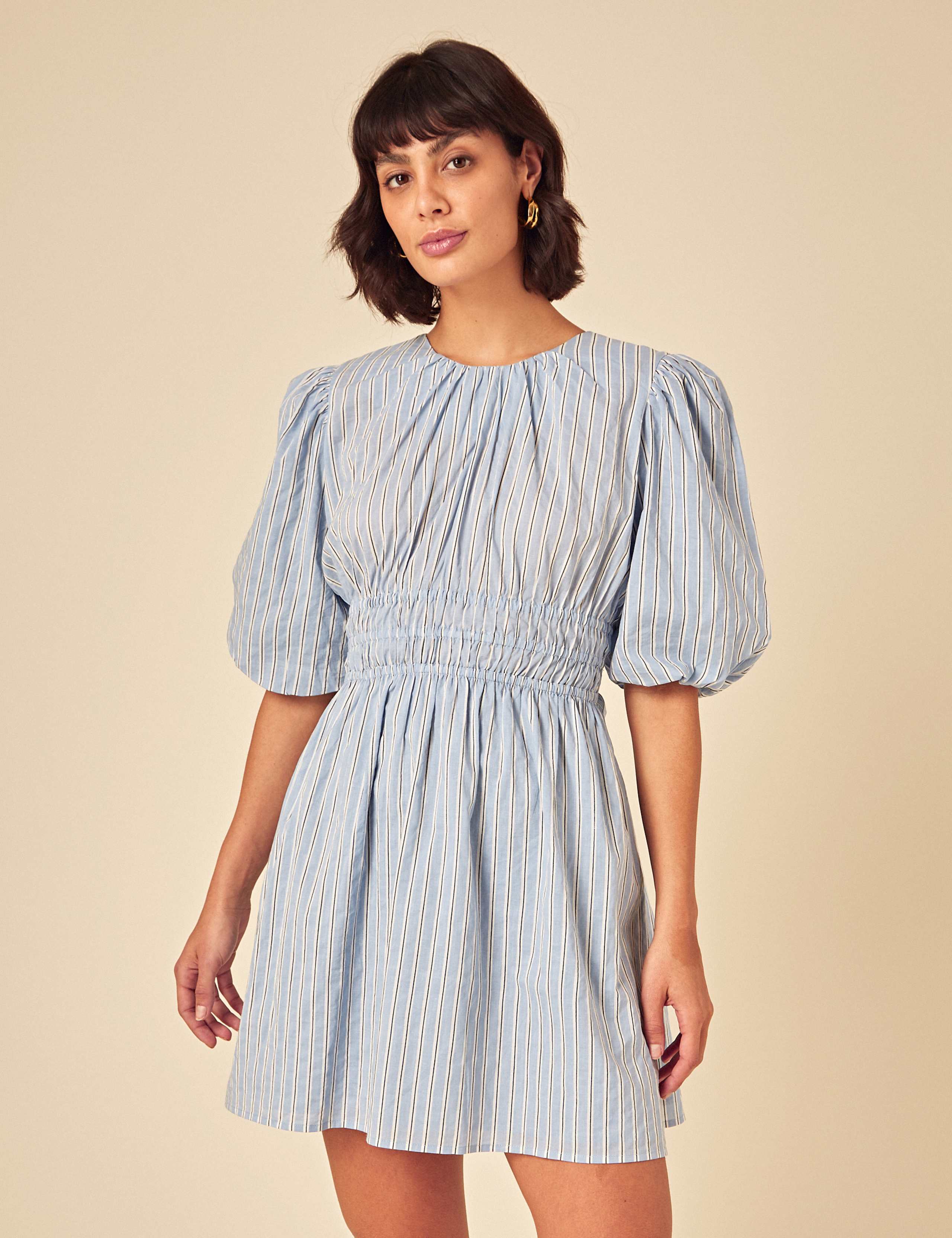 Pure Cotton Striped Puff Sleeve Mini Waisted Dress 2 of 5