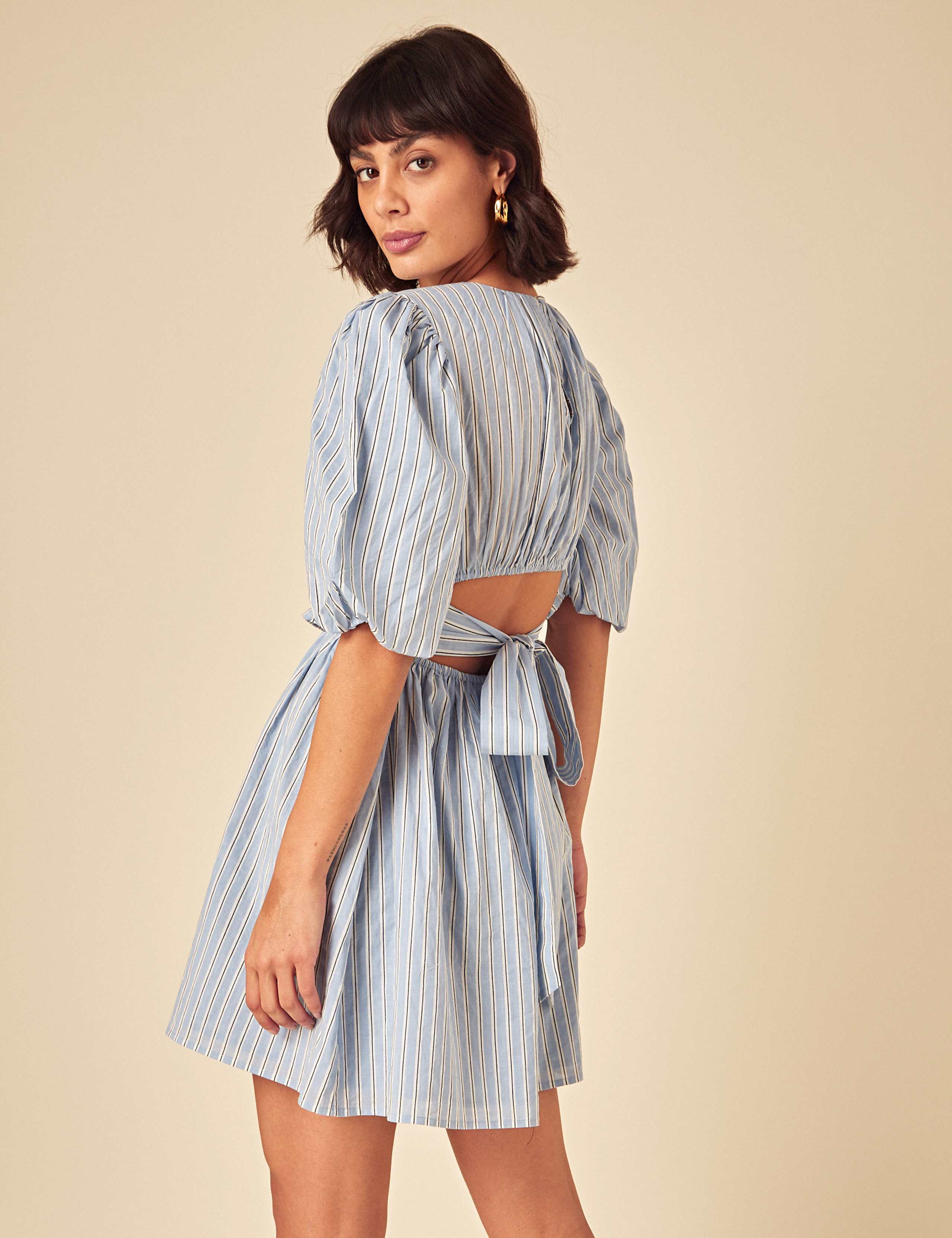 Pure Cotton Striped Puff Sleeve Mini Waisted Dress 3 of 5