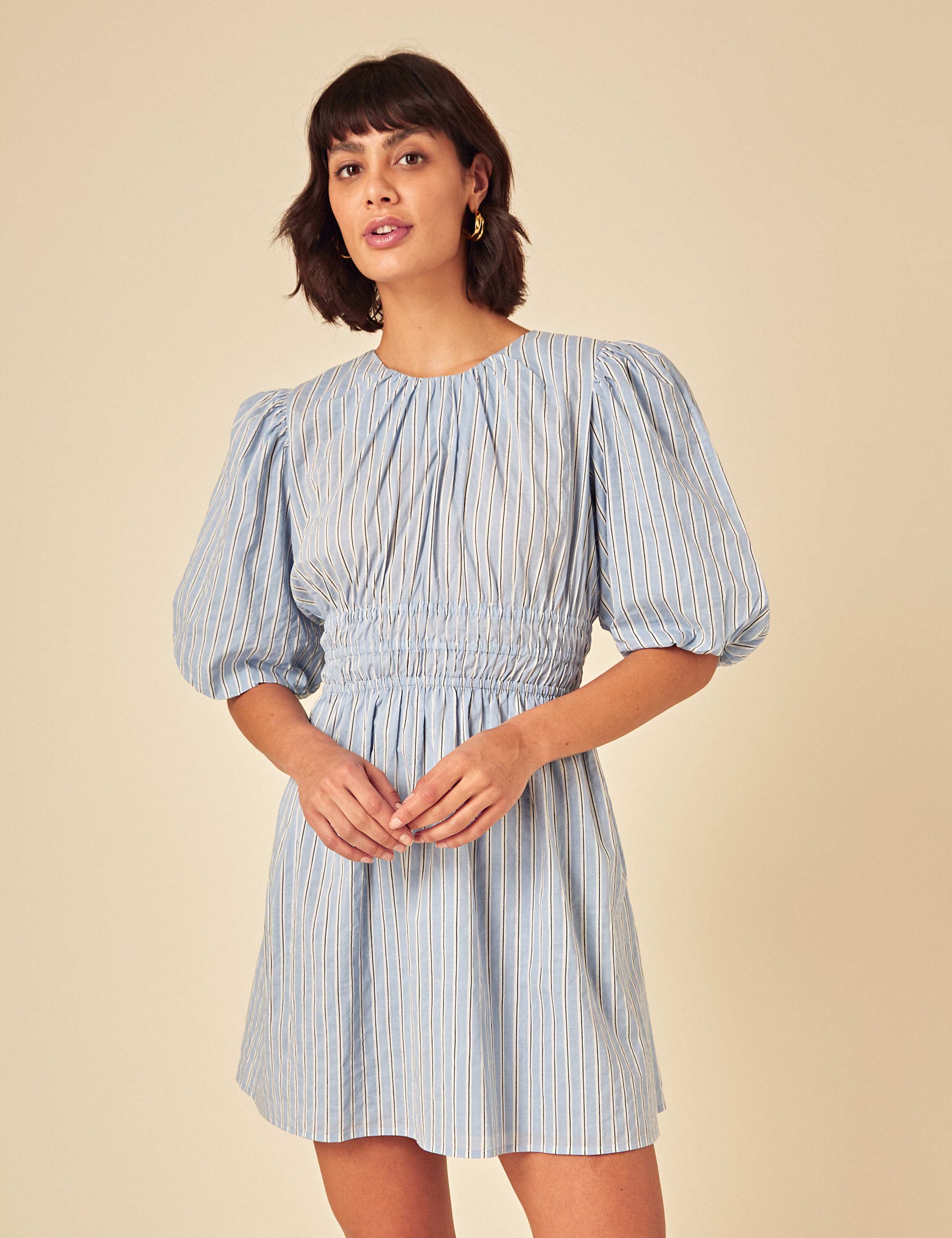 Pure Cotton Striped Puff Sleeve Mini Waisted Dress 5 of 5