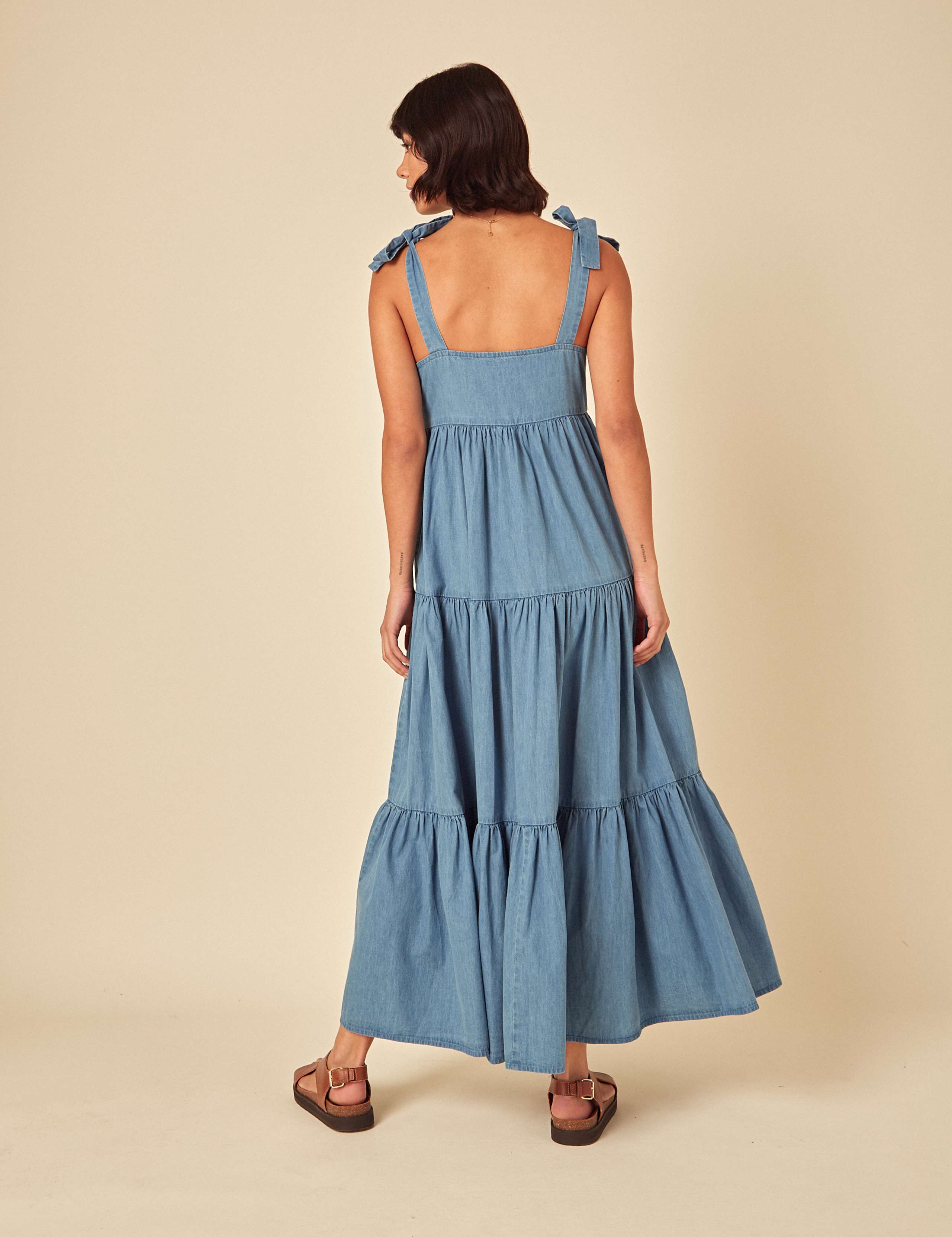 Denim Square Neck Midaxi Tiered Dress 2 of 5