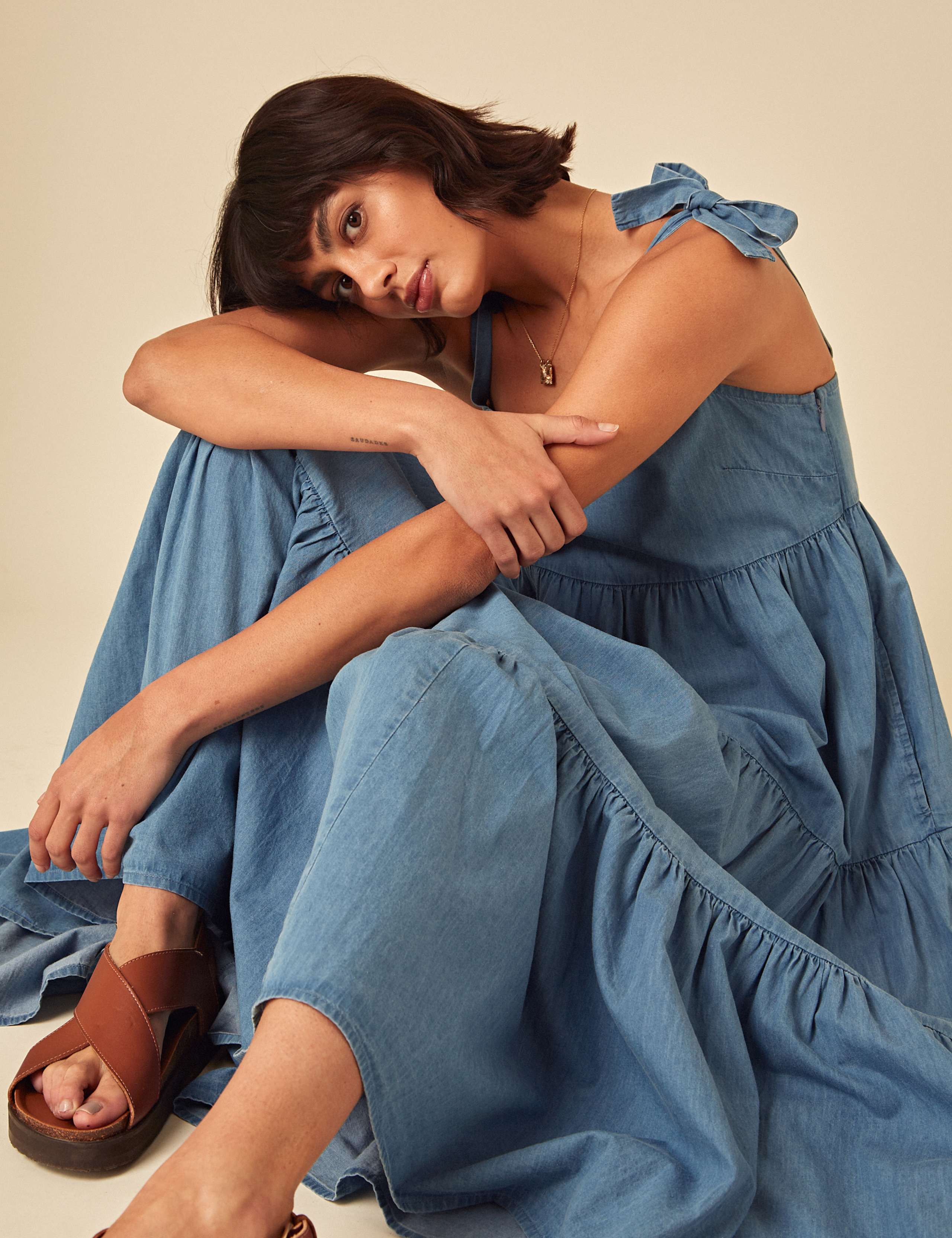 Denim Square Neck Midaxi Tiered Dress 4 of 5