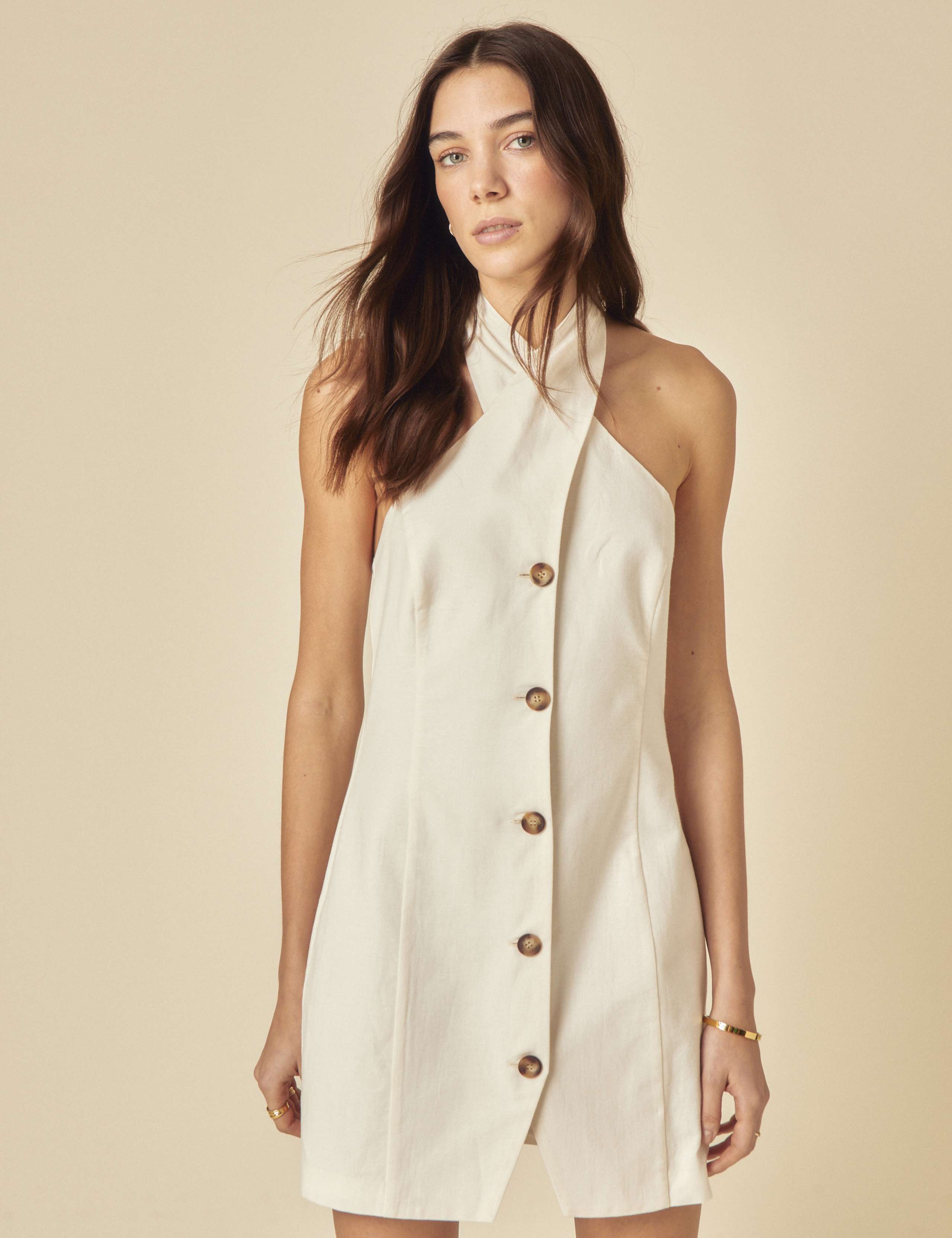 Linen Blend Halter Neck Mini Tailored Dress 2 of 5