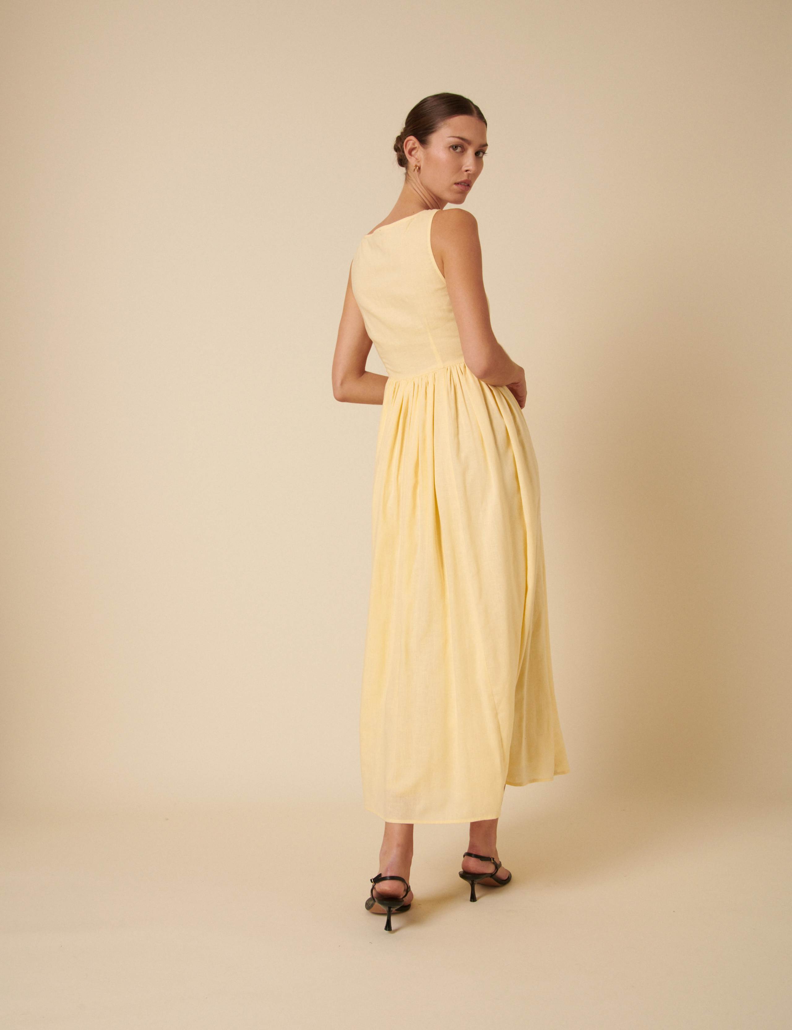 Linen Rich Square Neck Button Through Midaxi Waisted Dress 2 of 4