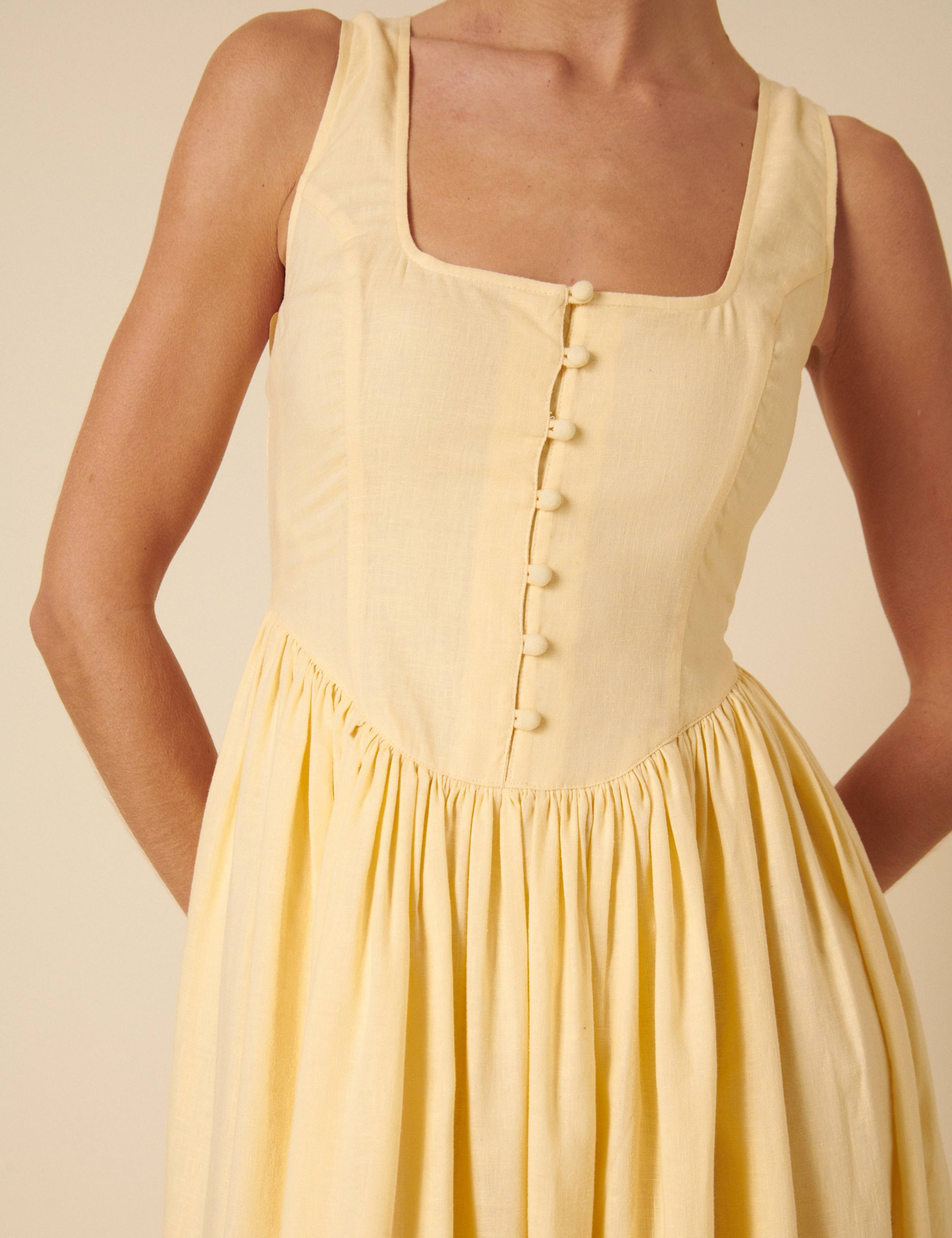 Linen Rich Square Neck Button Through Midaxi Waisted Dress 3 of 4