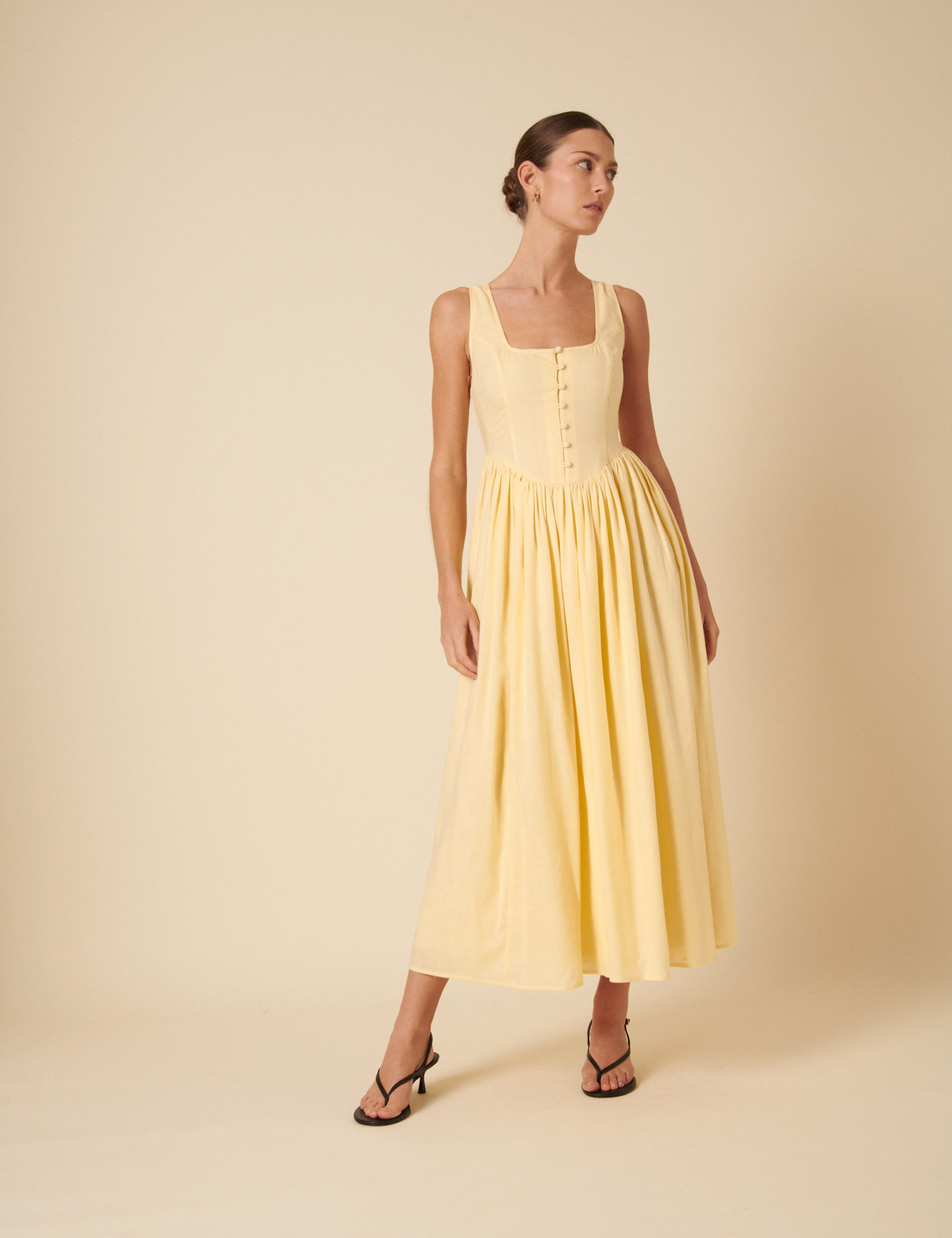 Linen Rich Square Neck Button Through Midaxi Waisted Dress 4 of 4