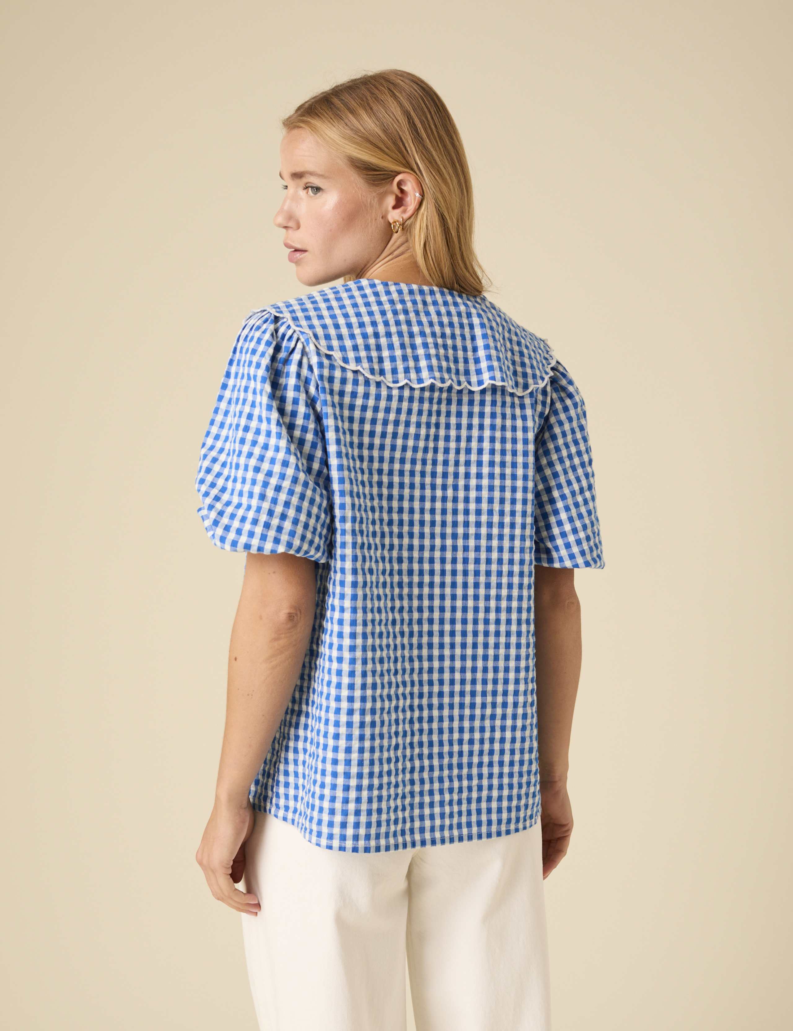 Pure Cotton Checked Peter Pan Collar Blouse 3 of 5