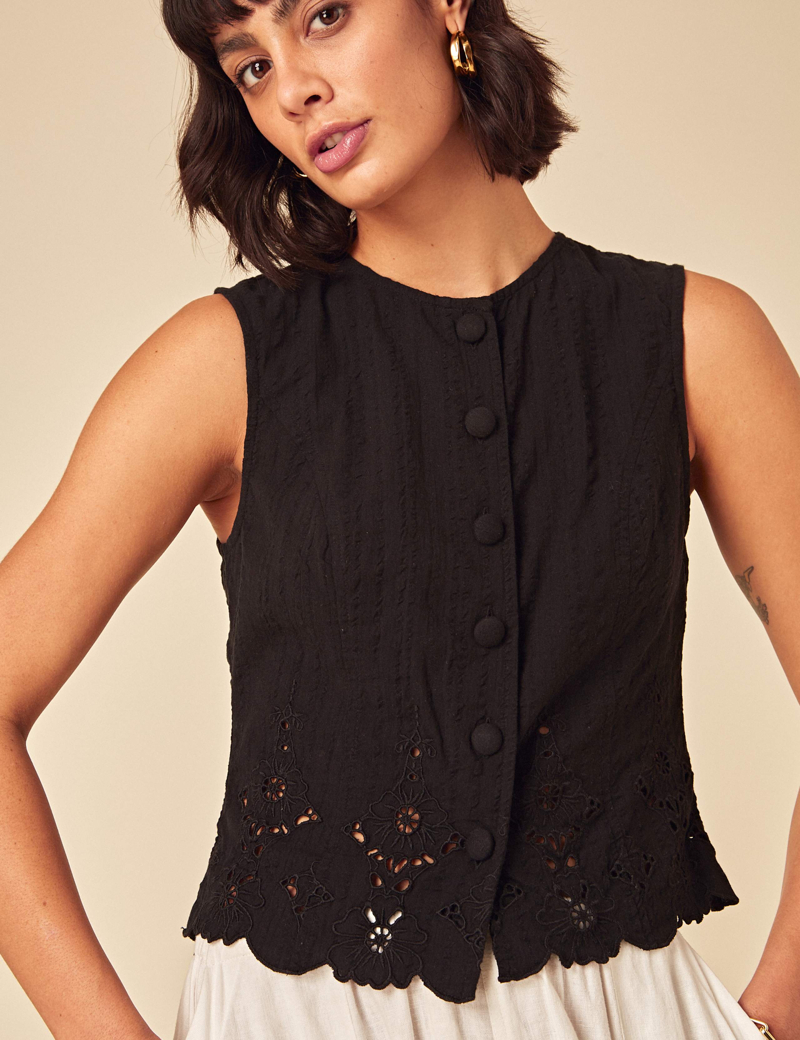 Pure Cotton Broderie Button Through Vest Top 5 of 5