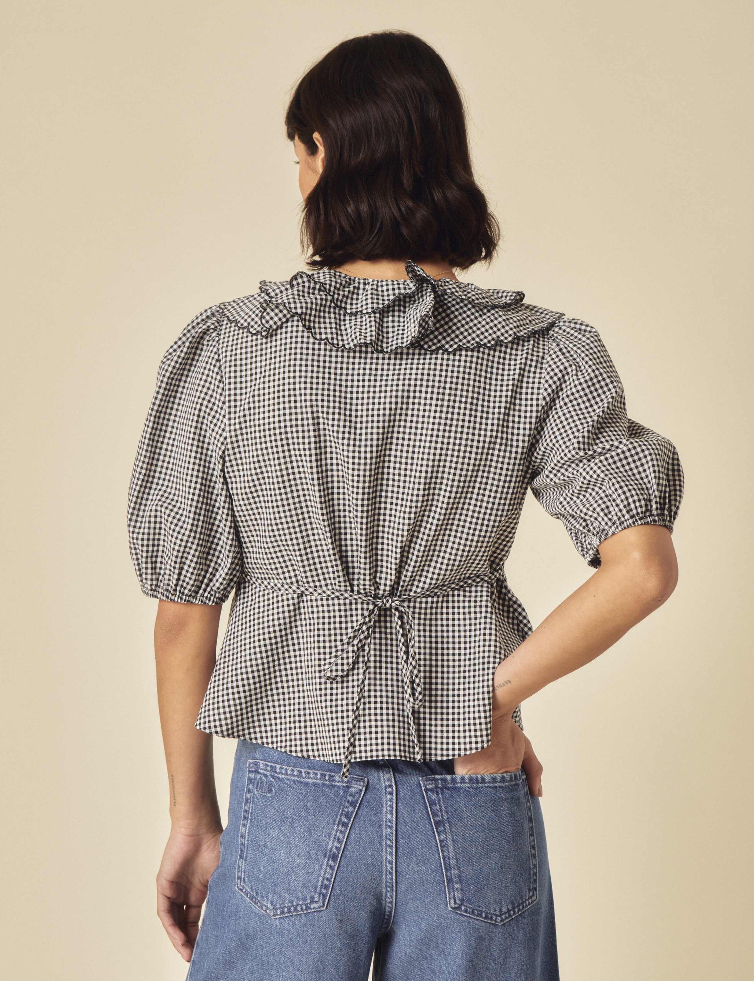 Pure Cotton Gingham V-Neck Ruffle Puff Sleeve Blouse 3 of 5