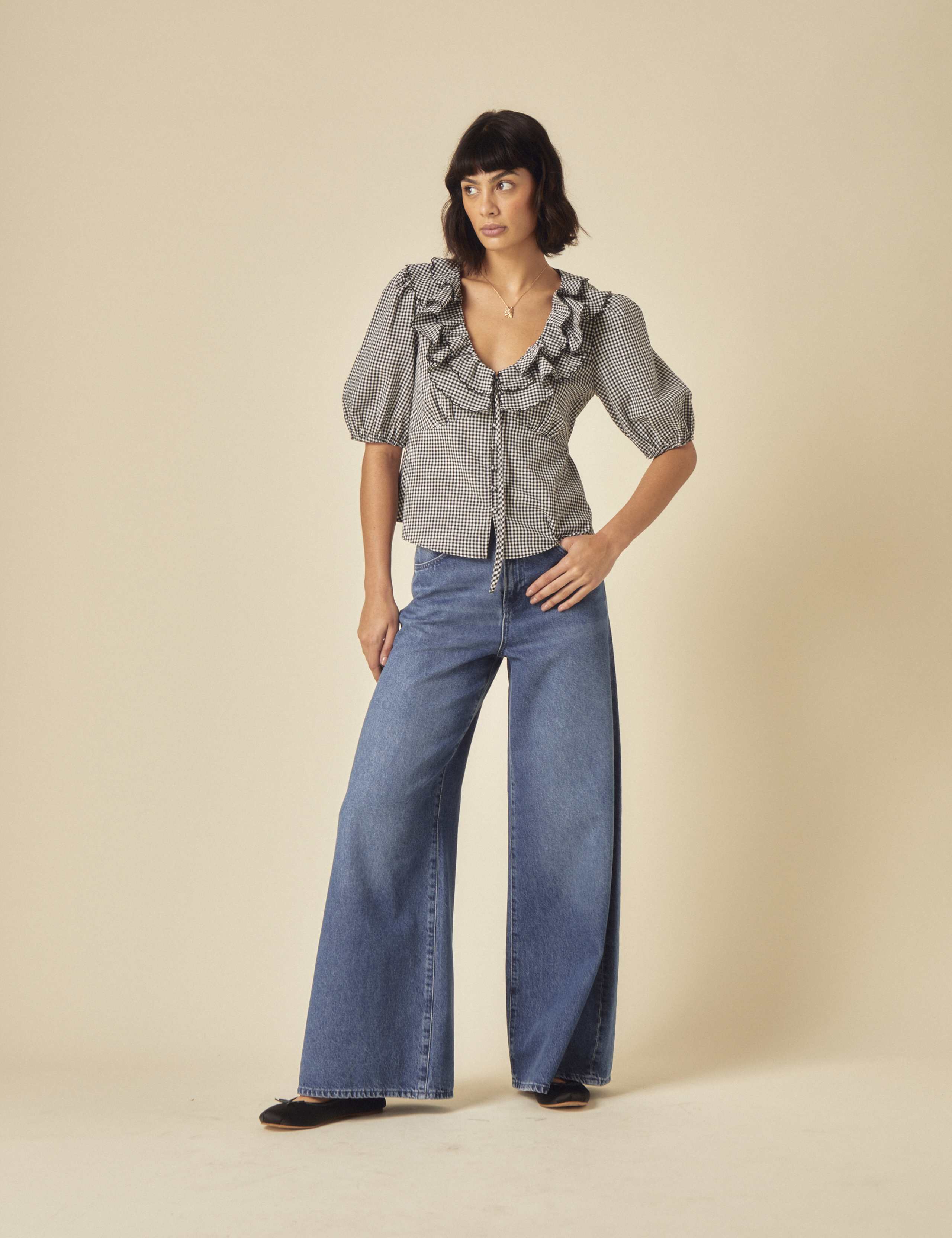 Pure Cotton Gingham V-Neck Ruffle Puff Sleeve Blouse 5 of 5