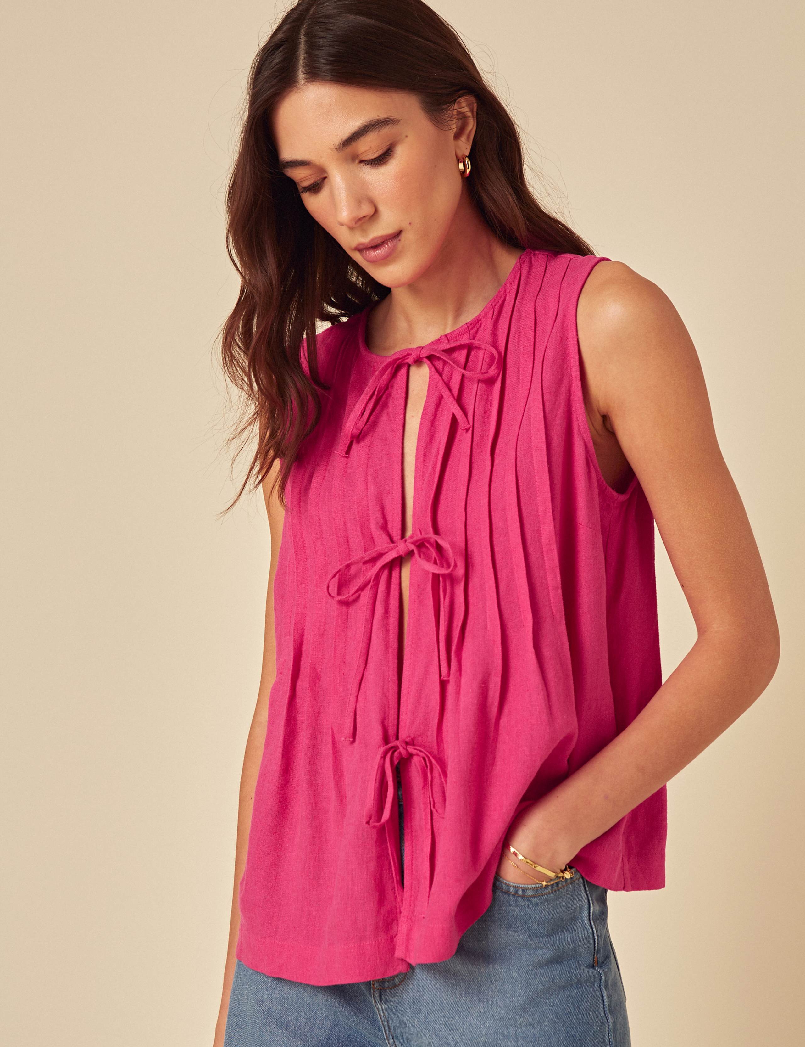Linen Blend Tie Front Pleat Detail Top 1 of 5
