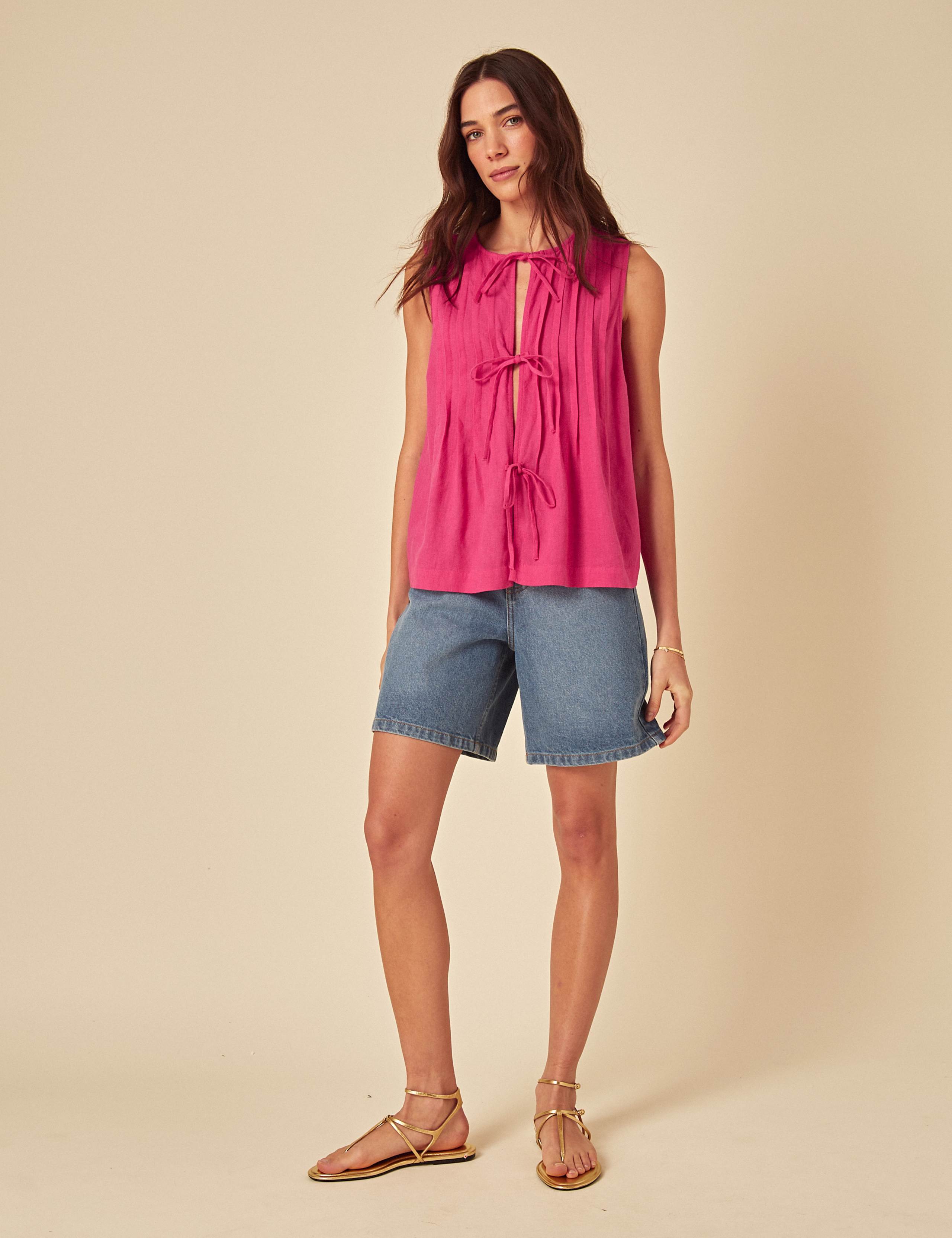 Linen Blend Tie Front Pleat Detail Top 2 of 5