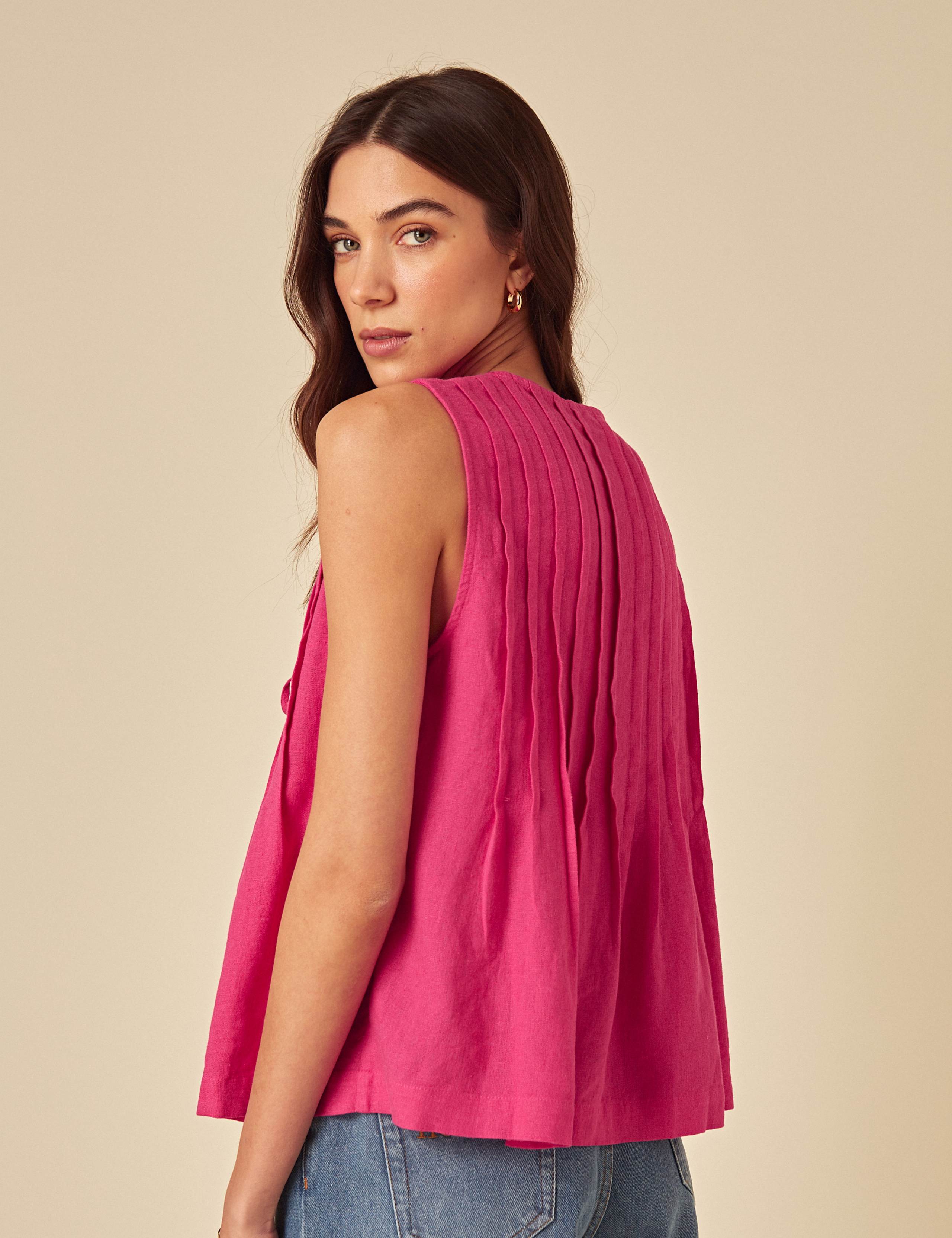 Linen Blend Tie Front Pleat Detail Top 3 of 5