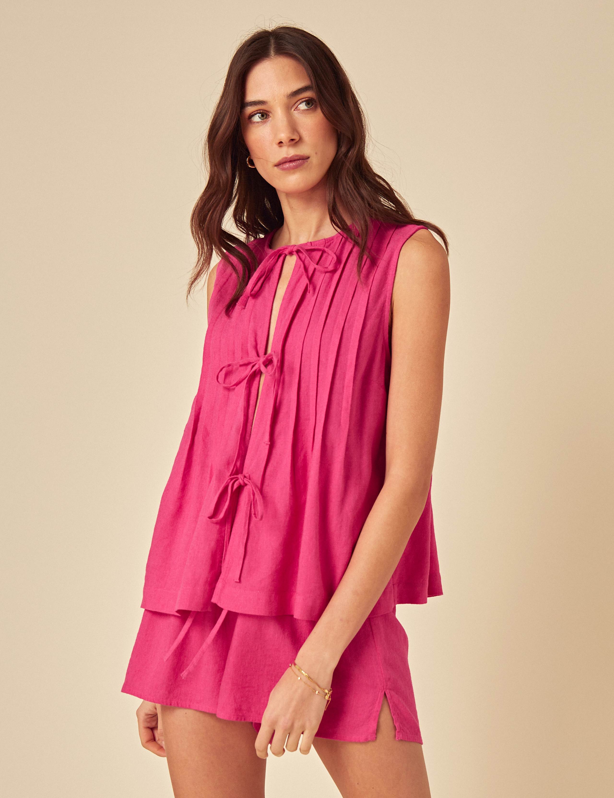 Linen Blend Tie Front Pleat Detail Top 5 of 5