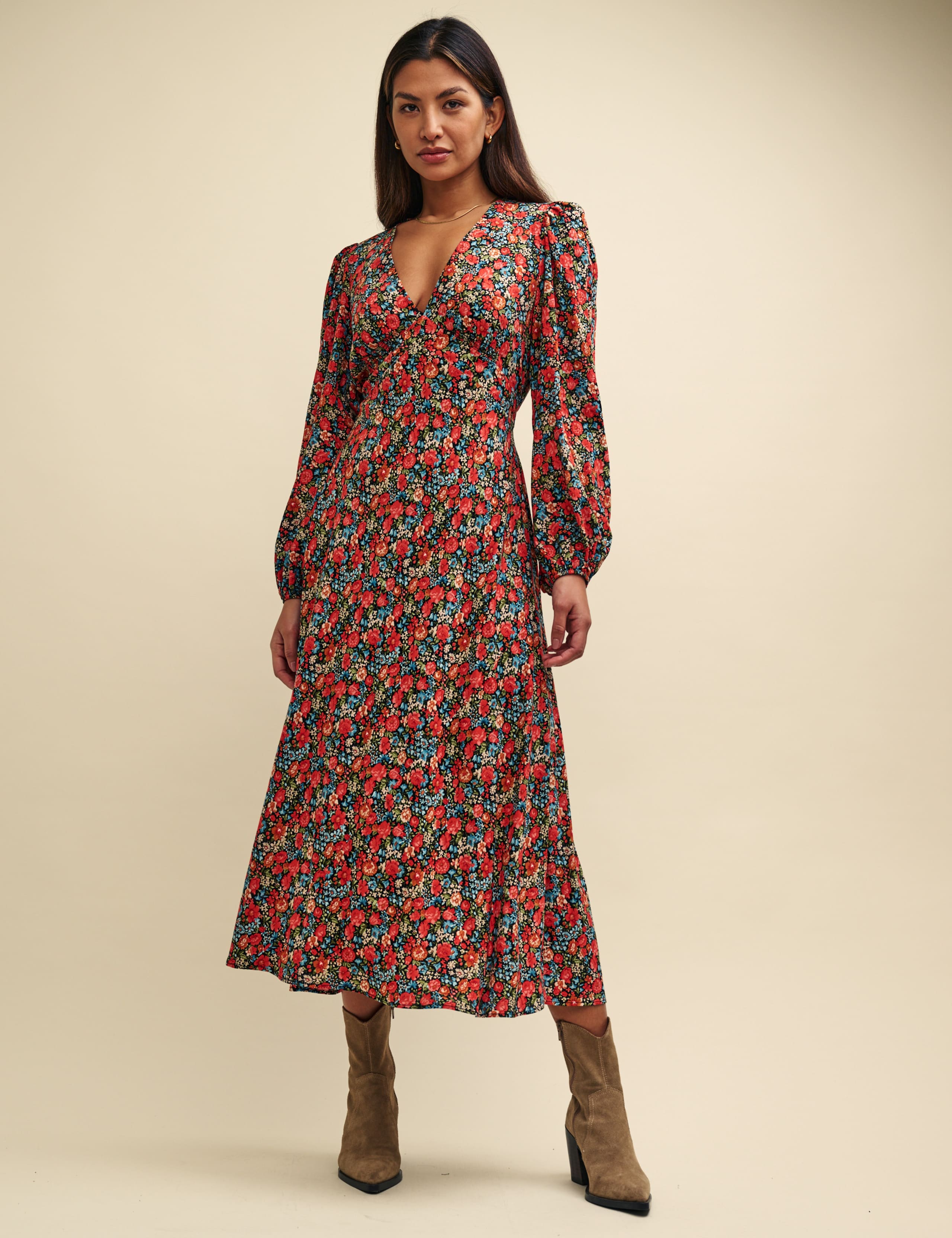 Floral V-Neck Midi Waisted Dress 1 of 8