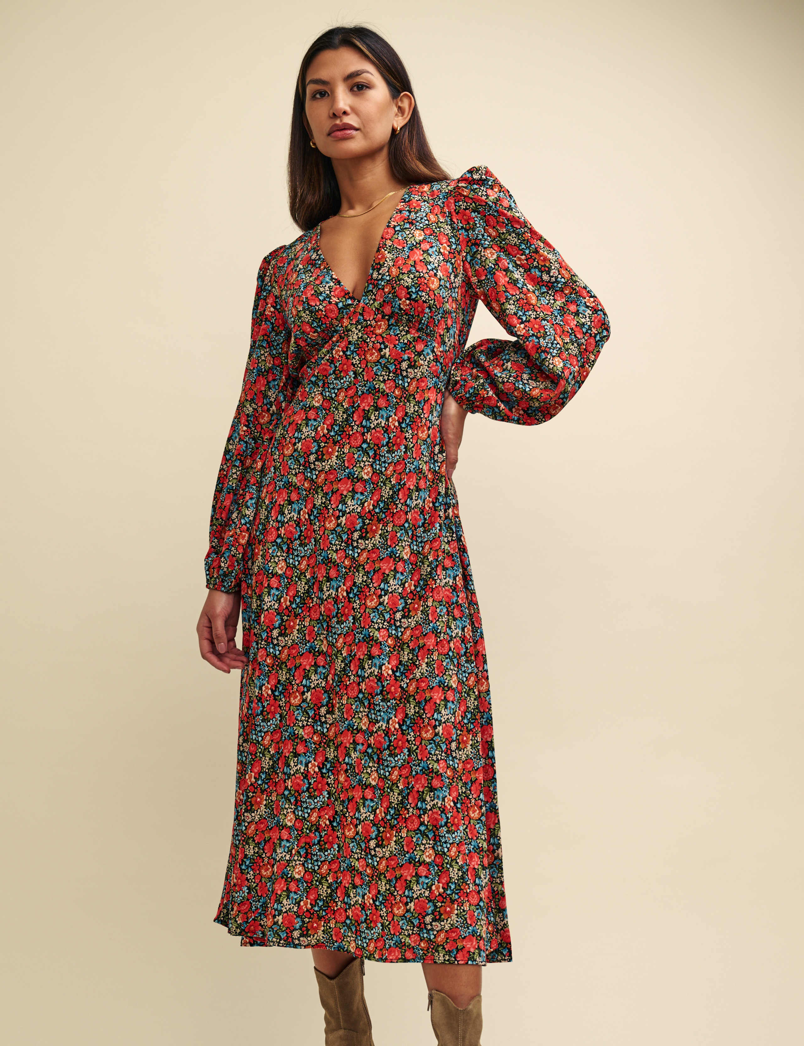 Floral V-Neck Midi Waisted Dress 2 of 8