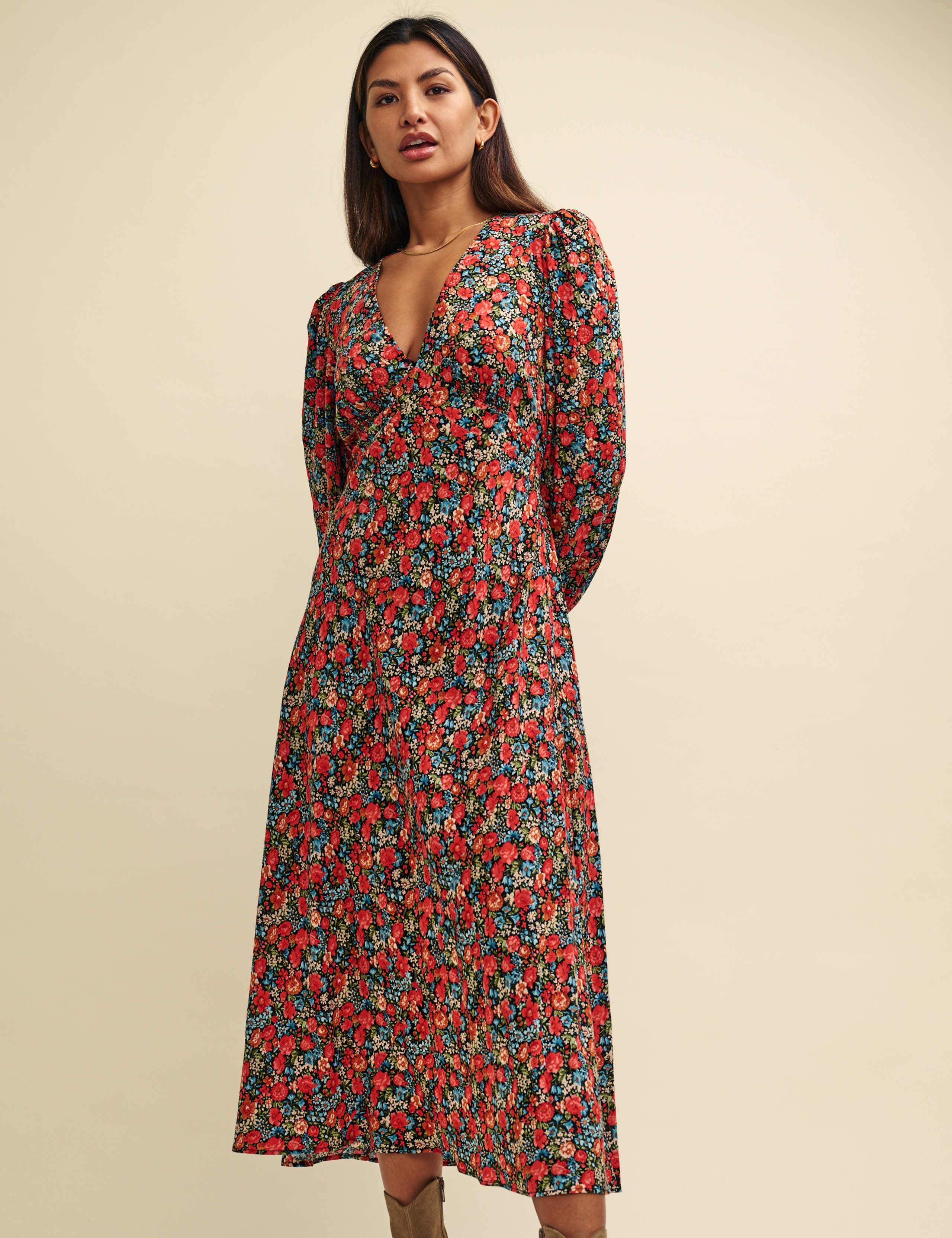Floral V-Neck Midi Waisted Dress 6 of 8