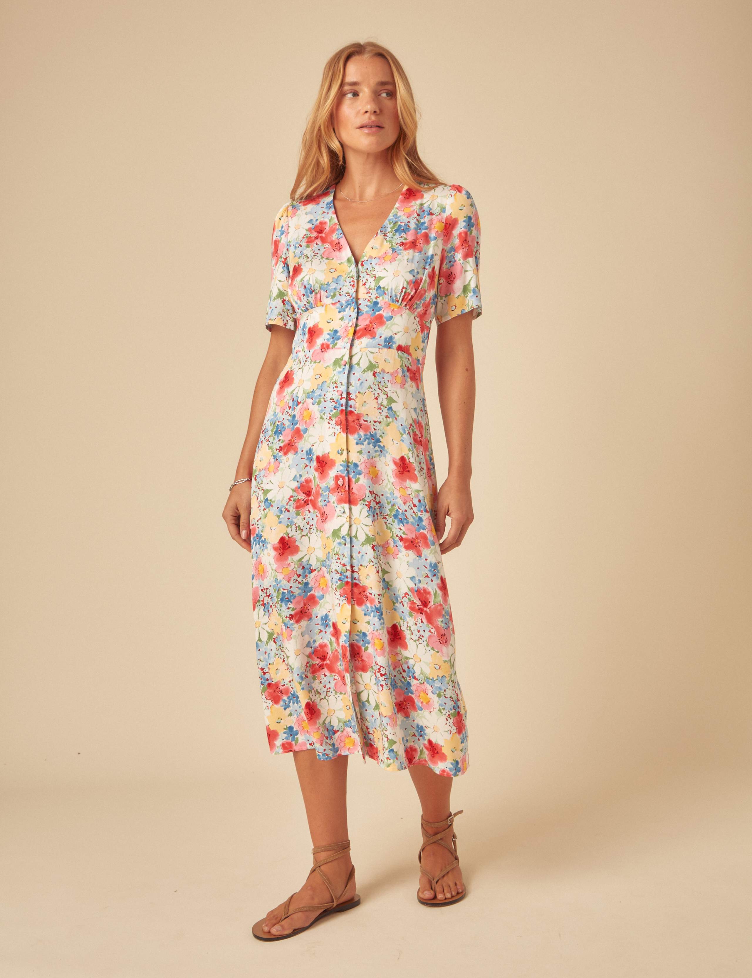 Floral V-Neck Midi Waisted Dress 1 of 5
