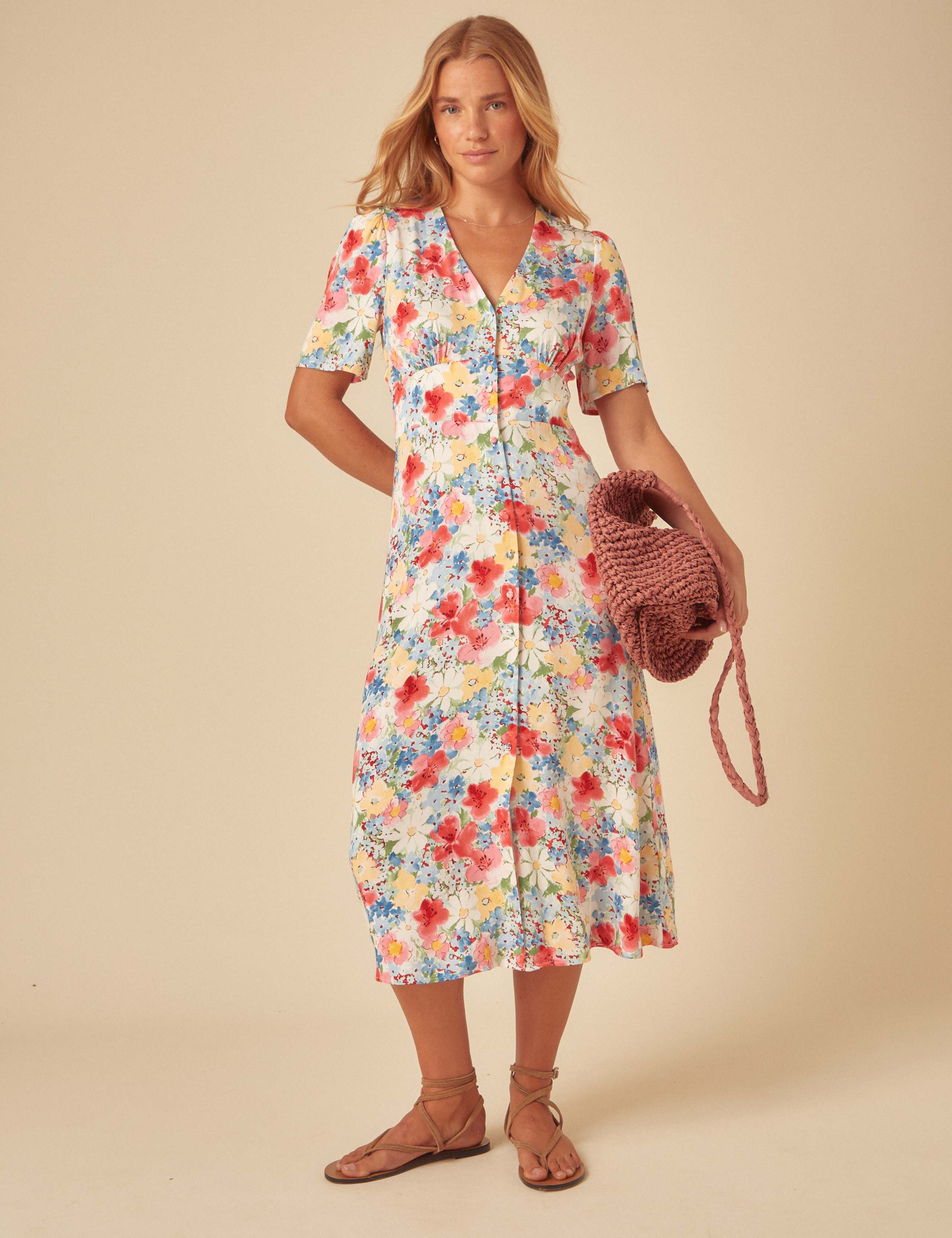 Floral V-Neck Midi Waisted Dress 4 of 5