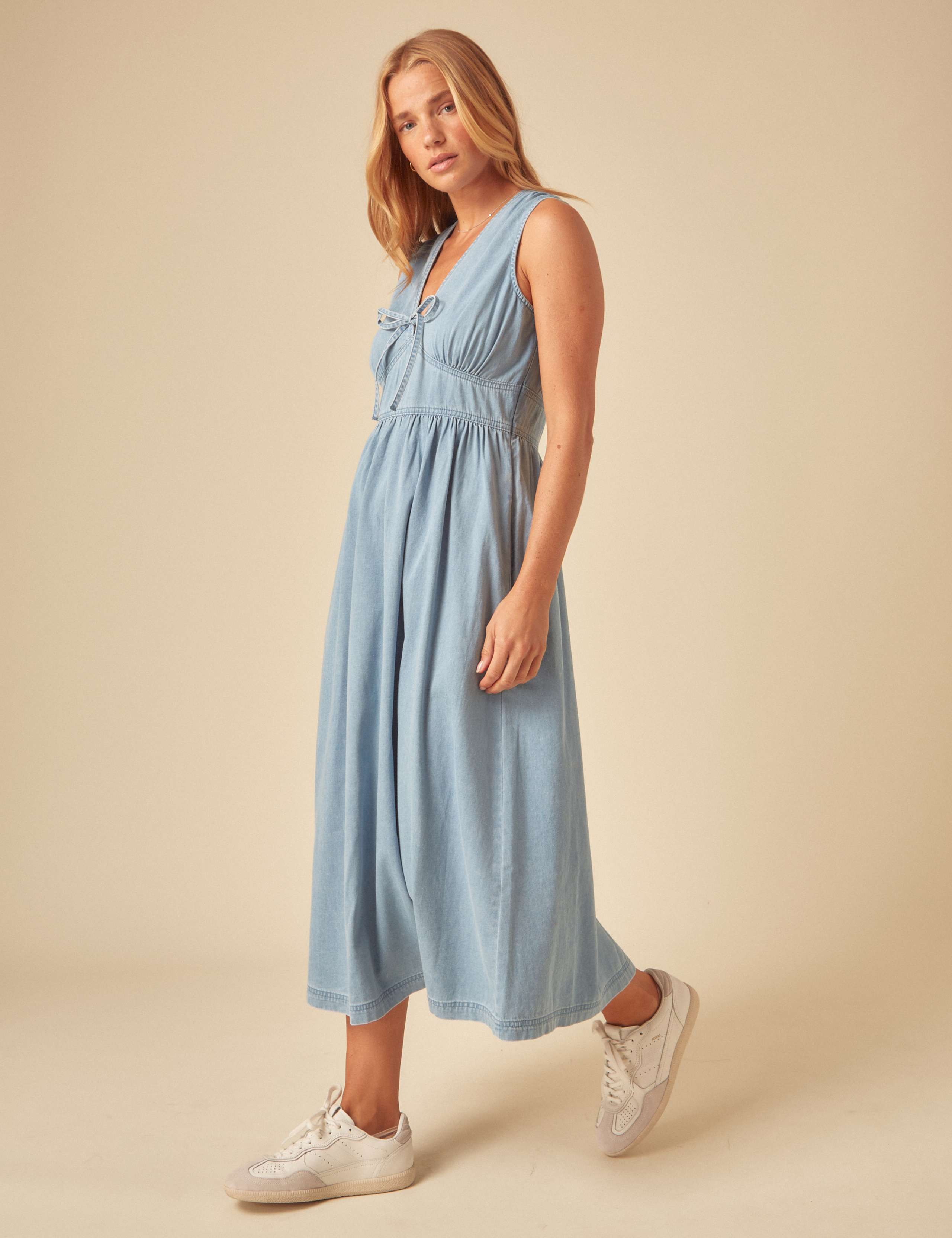 Pure Cotton Tie Neck Midaxi Waisted Dress 3 of 4