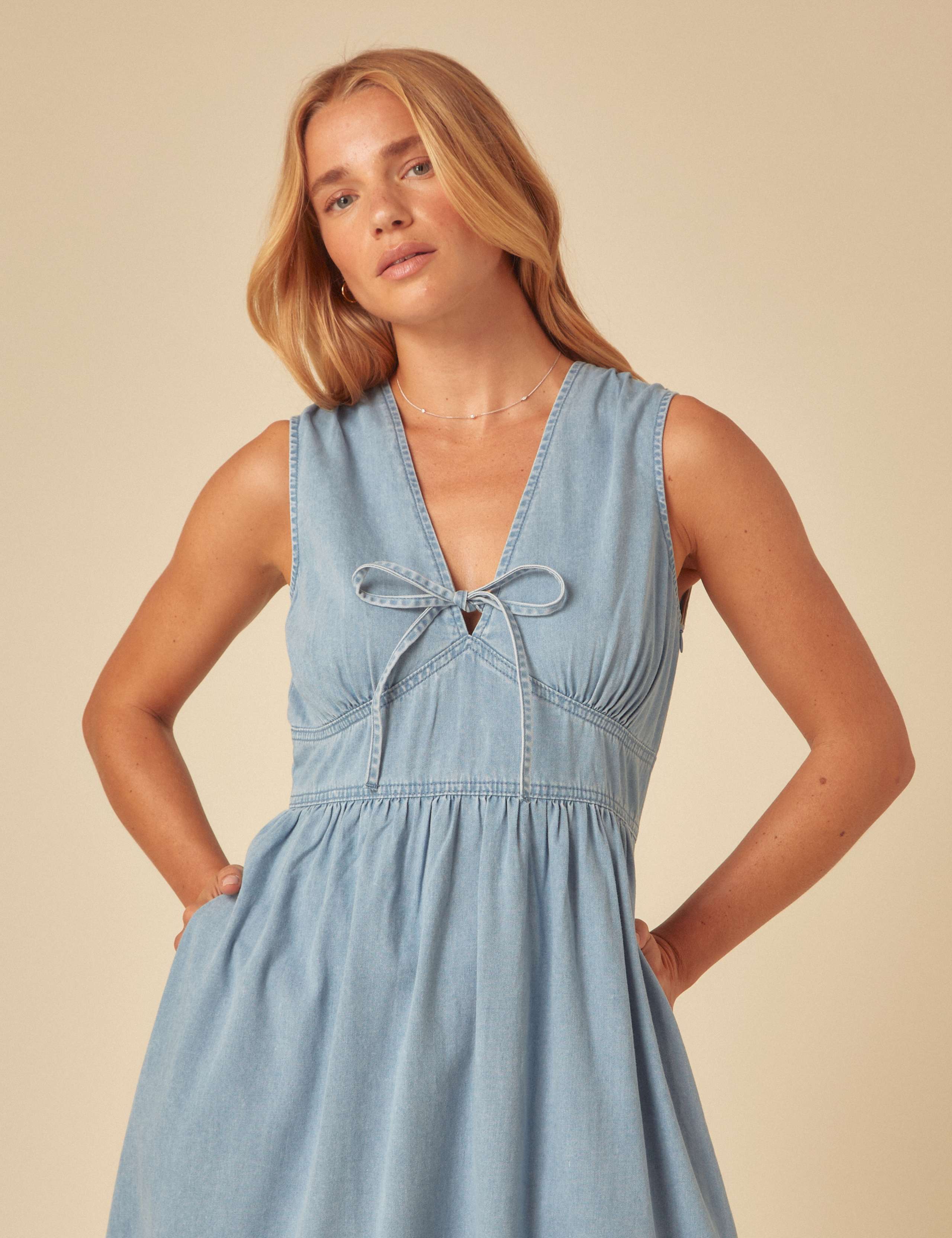 Pure Cotton Tie Neck Midaxi Waisted Dress 4 of 4