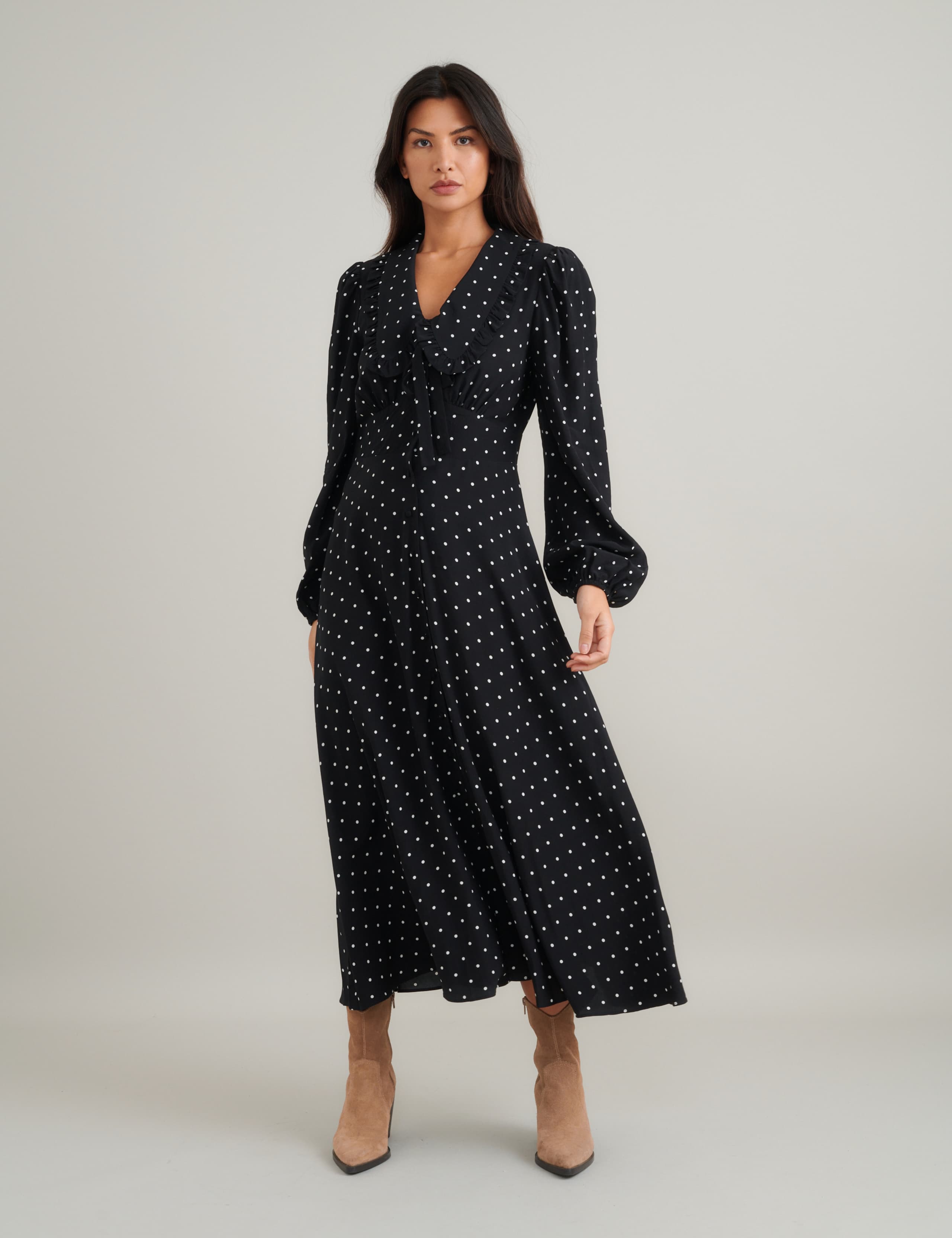 Polka Dot Blouson Sleeve Midi Tea Dress 1 of 5