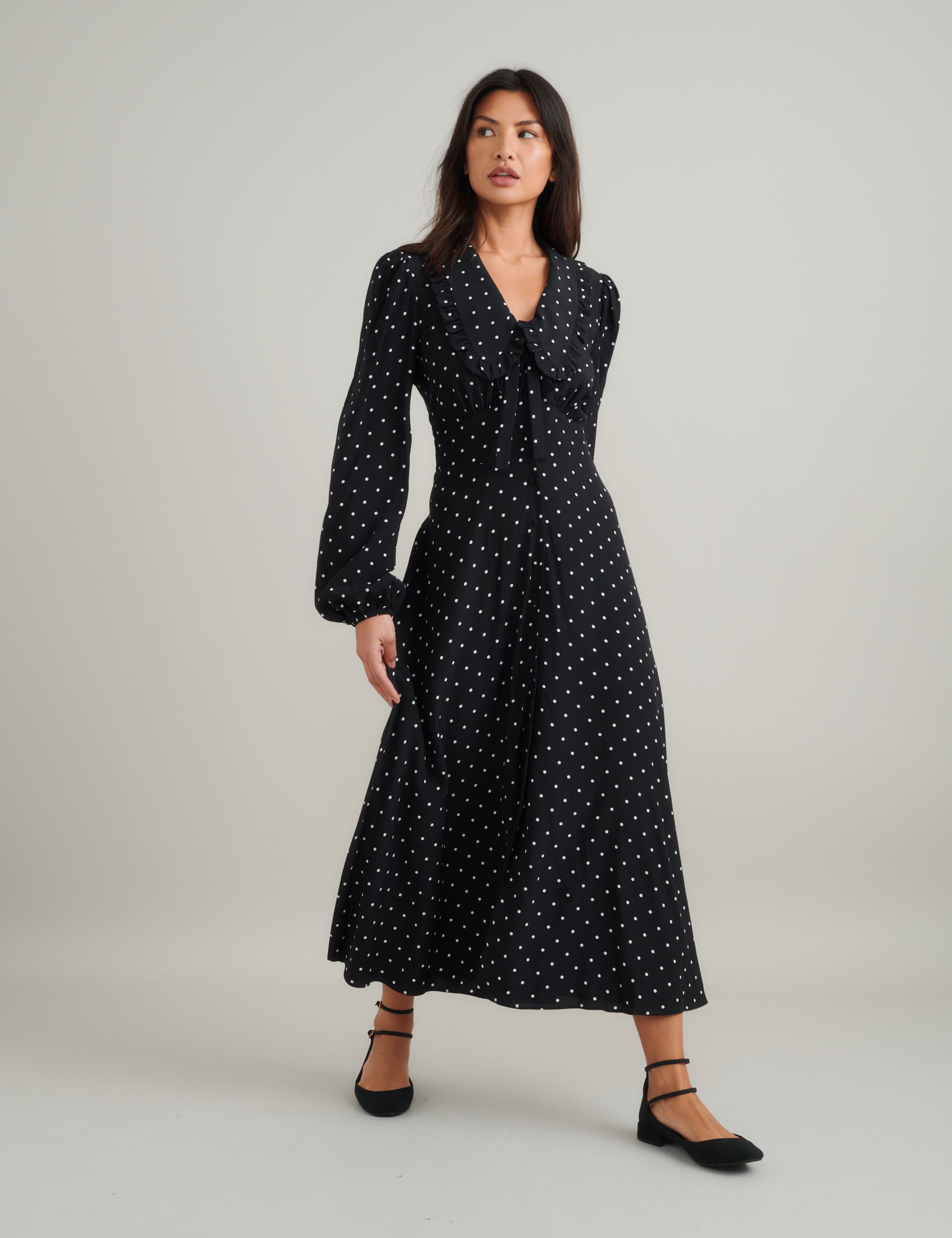 Polka Dot Blouson Sleeve Midi Tea Dress 3 of 5