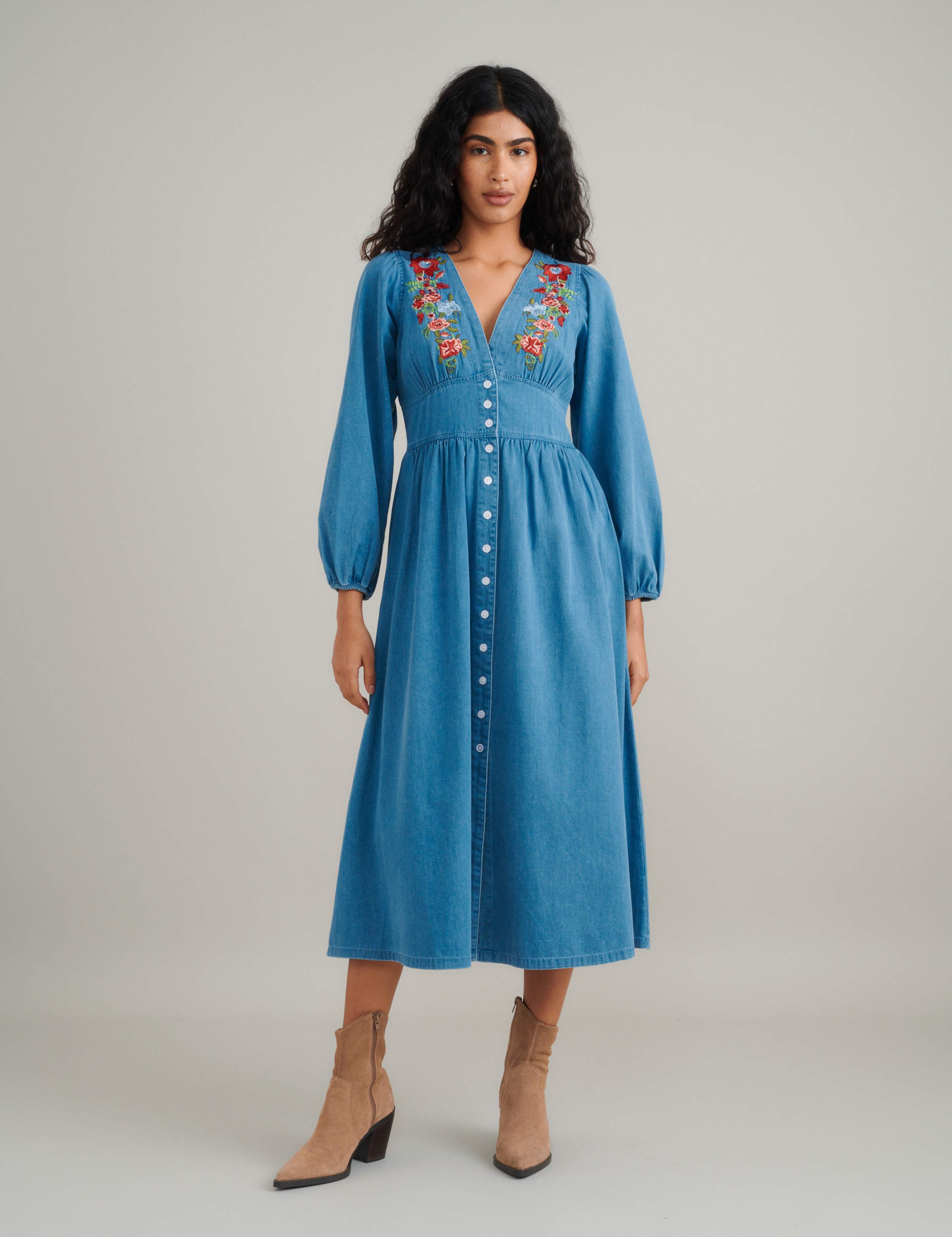 Denim Embroidered Midi Tea Dress 1 of 5