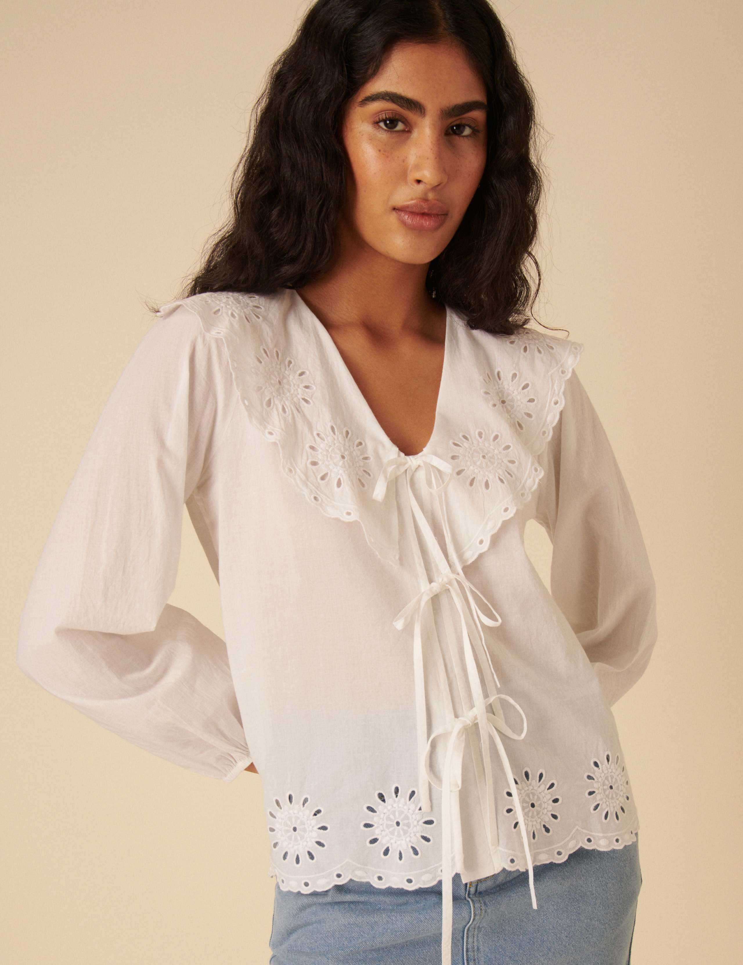 Pure Cotton Broderie Tie Front Blouse 1 of 4