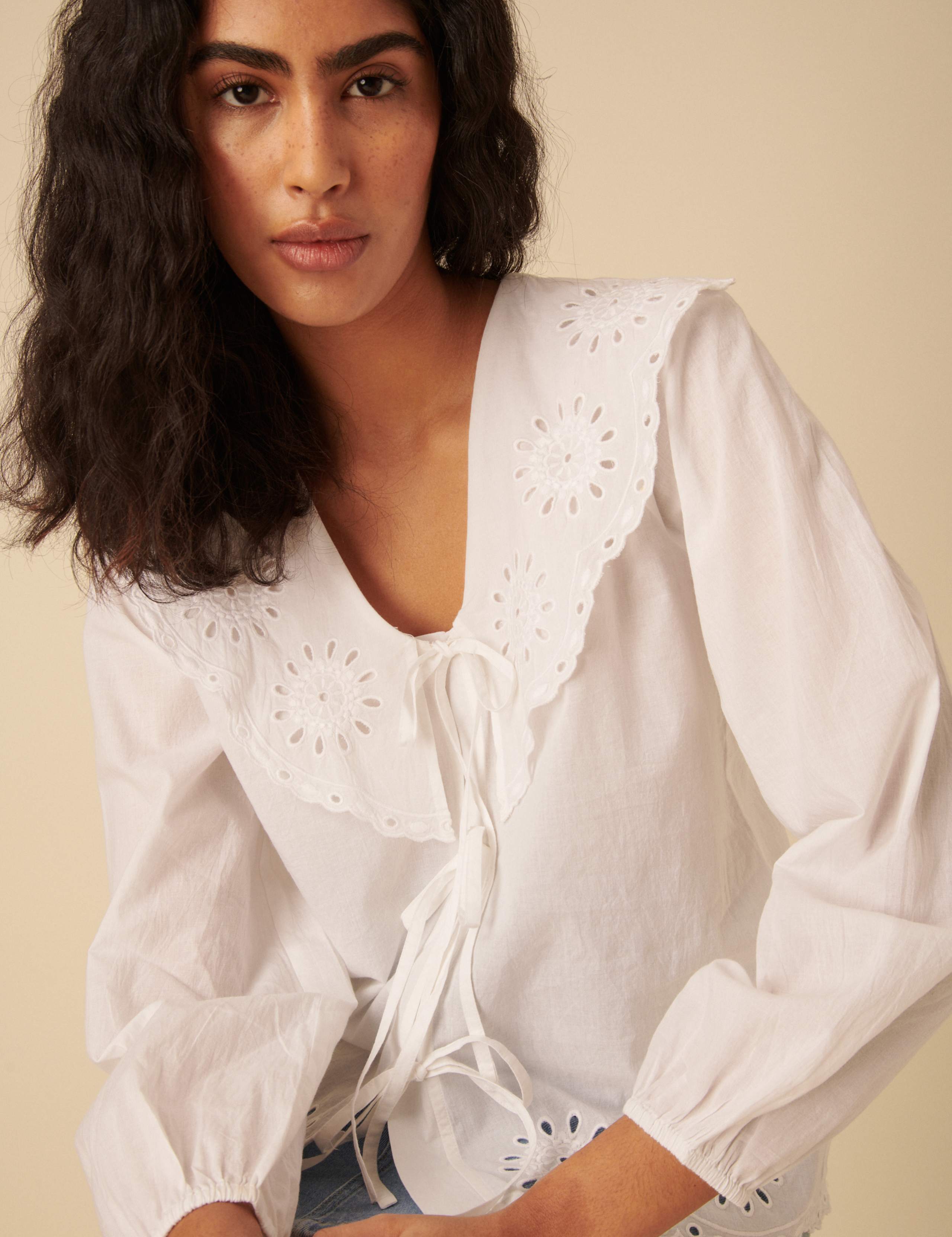 Pure Cotton Broderie Tie Front Blouse 2 of 4