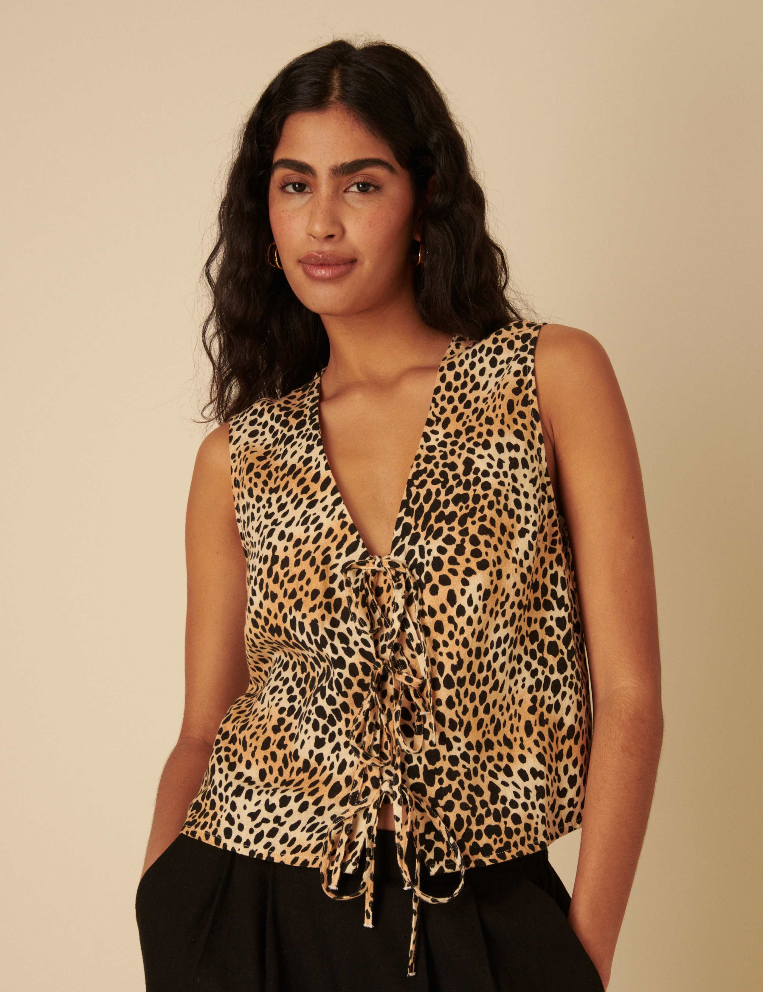 Linen Rich Animal Print Tie Front Vest 2 of 4