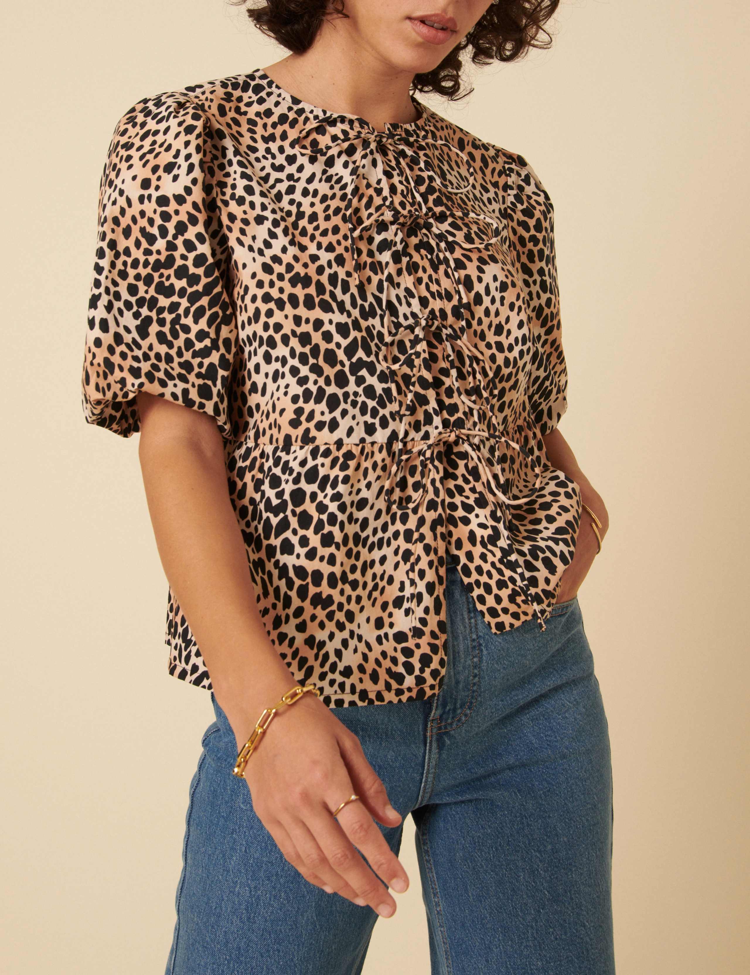 Pure Cotton Animal Print Collarless Tie Front Puff Sleeve Blouse 2 of 5