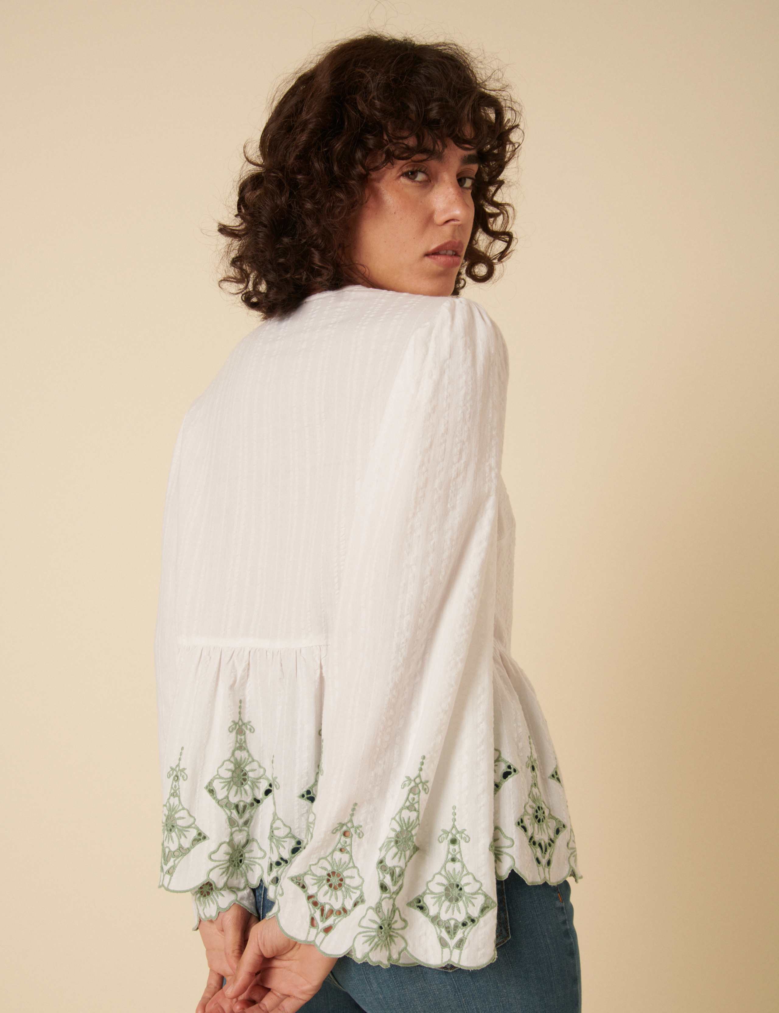 Pure Cotton Embroidered Tie Front Blouse 4 of 6