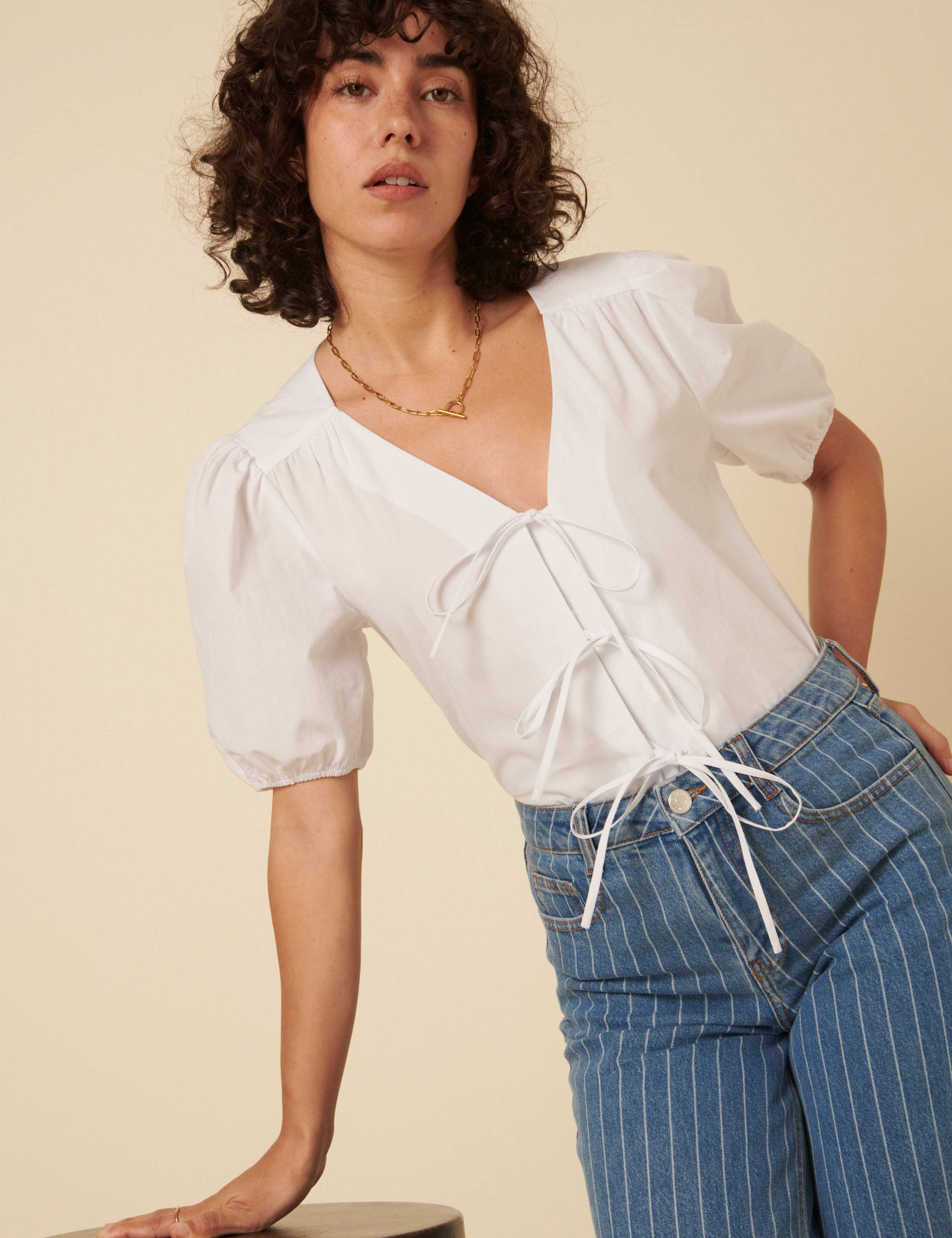 Pure Cotton V-Neck Relaxed Puff Sleeve Blouse 2 of 4