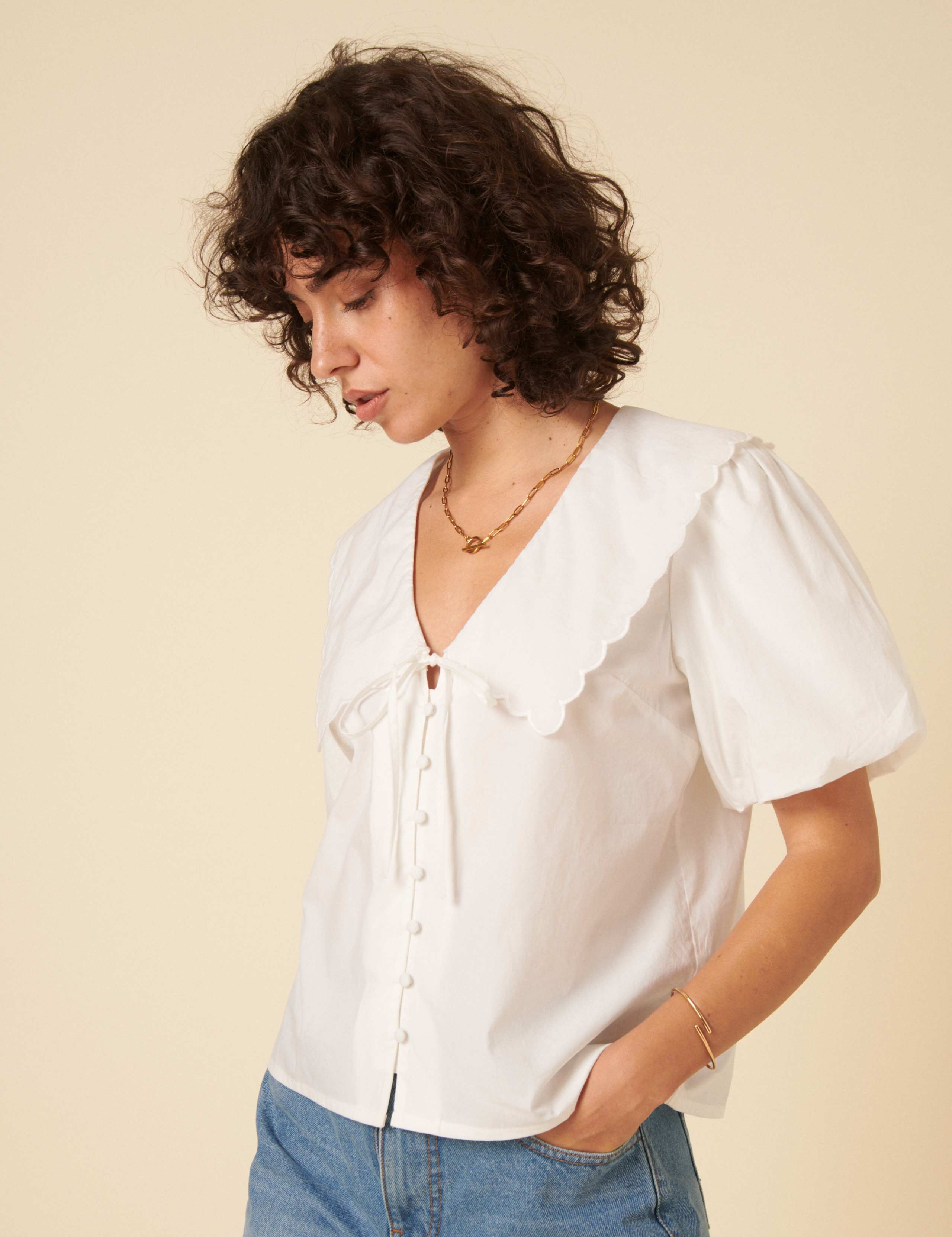 Pure Cotton Collared Puff Sleeve Blouse 3 of 6