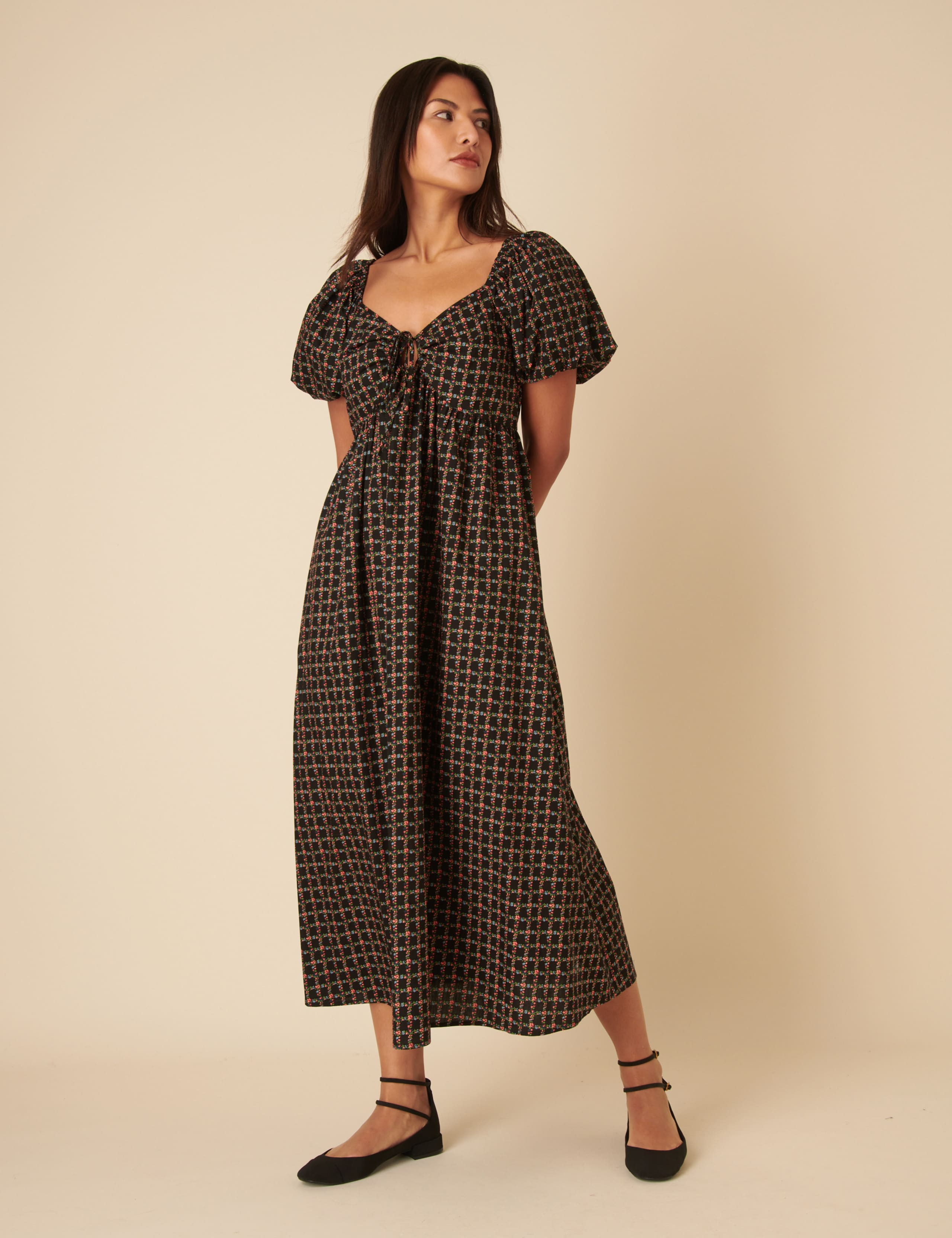 Pure Cotton Floral Tie Neck Midi Smock Dress 2 of 4