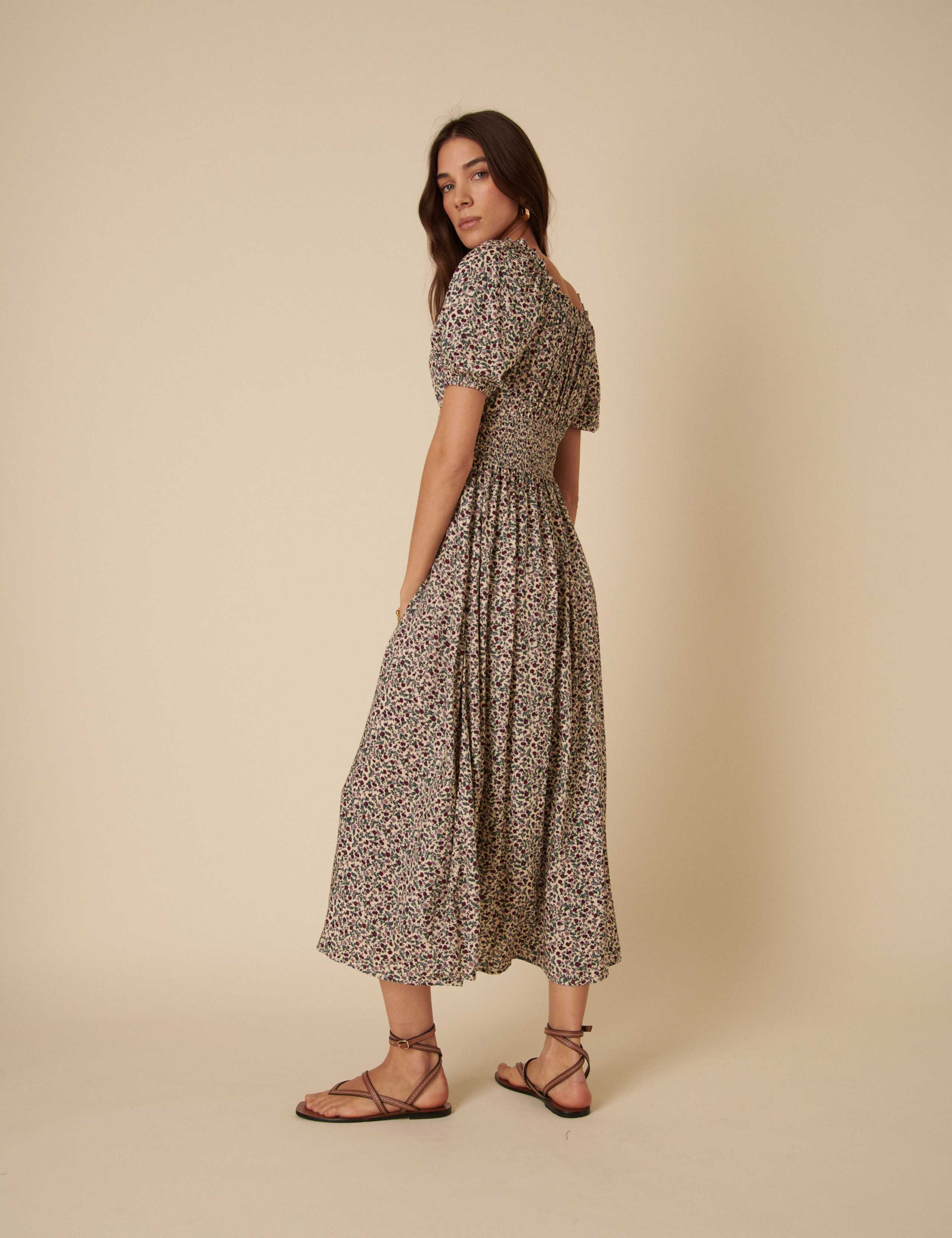 Ditsy Floral Tie Neck Puff Sleeve Midaxi Waisted Dress 3 of 5