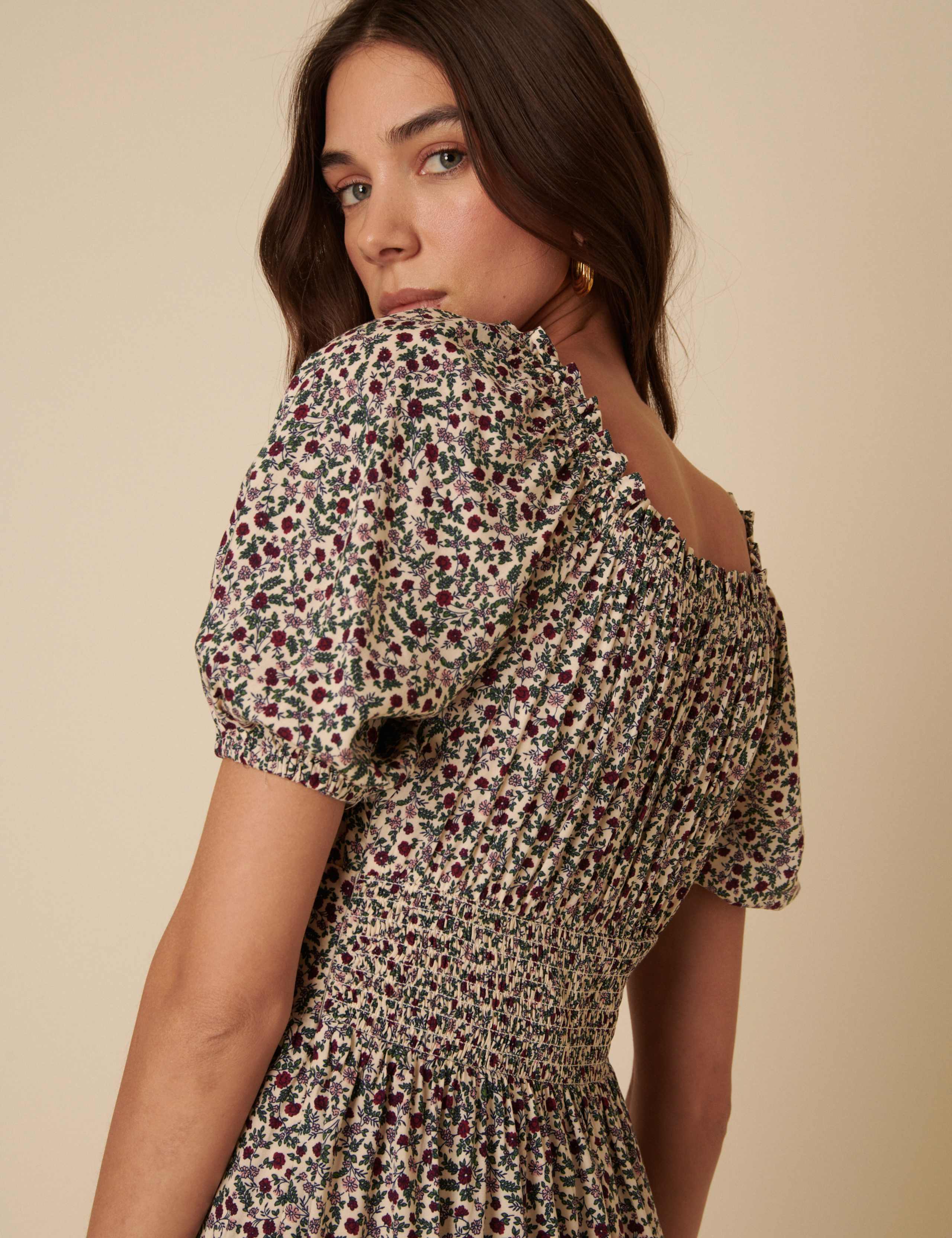 Ditsy Floral Tie Neck Puff Sleeve Midaxi Waisted Dress 4 of 5