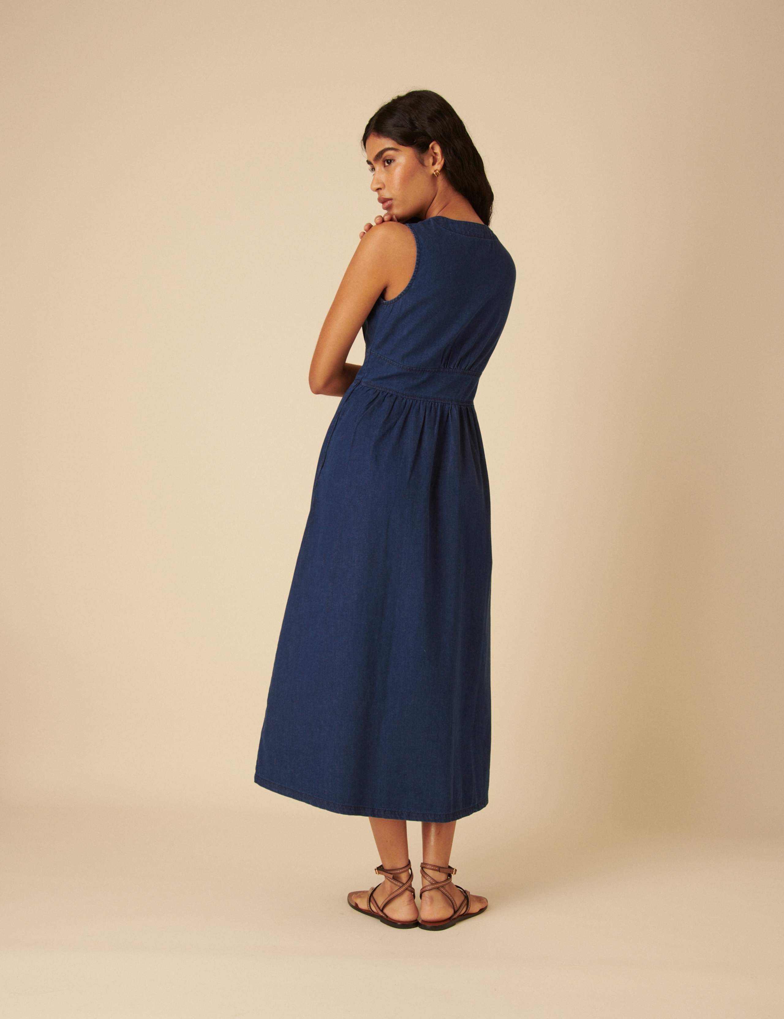 Denim V-Neck Button Through Midi Tea Dress 3 of 5