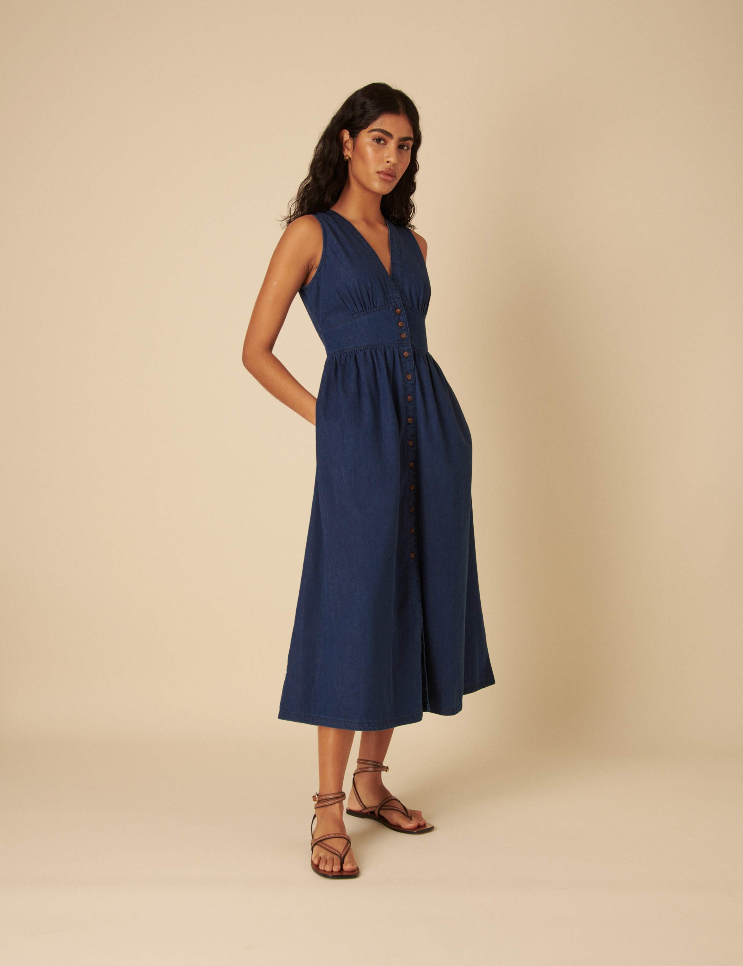 Denim V-Neck Button Through Midi Tea Dress 5 of 5