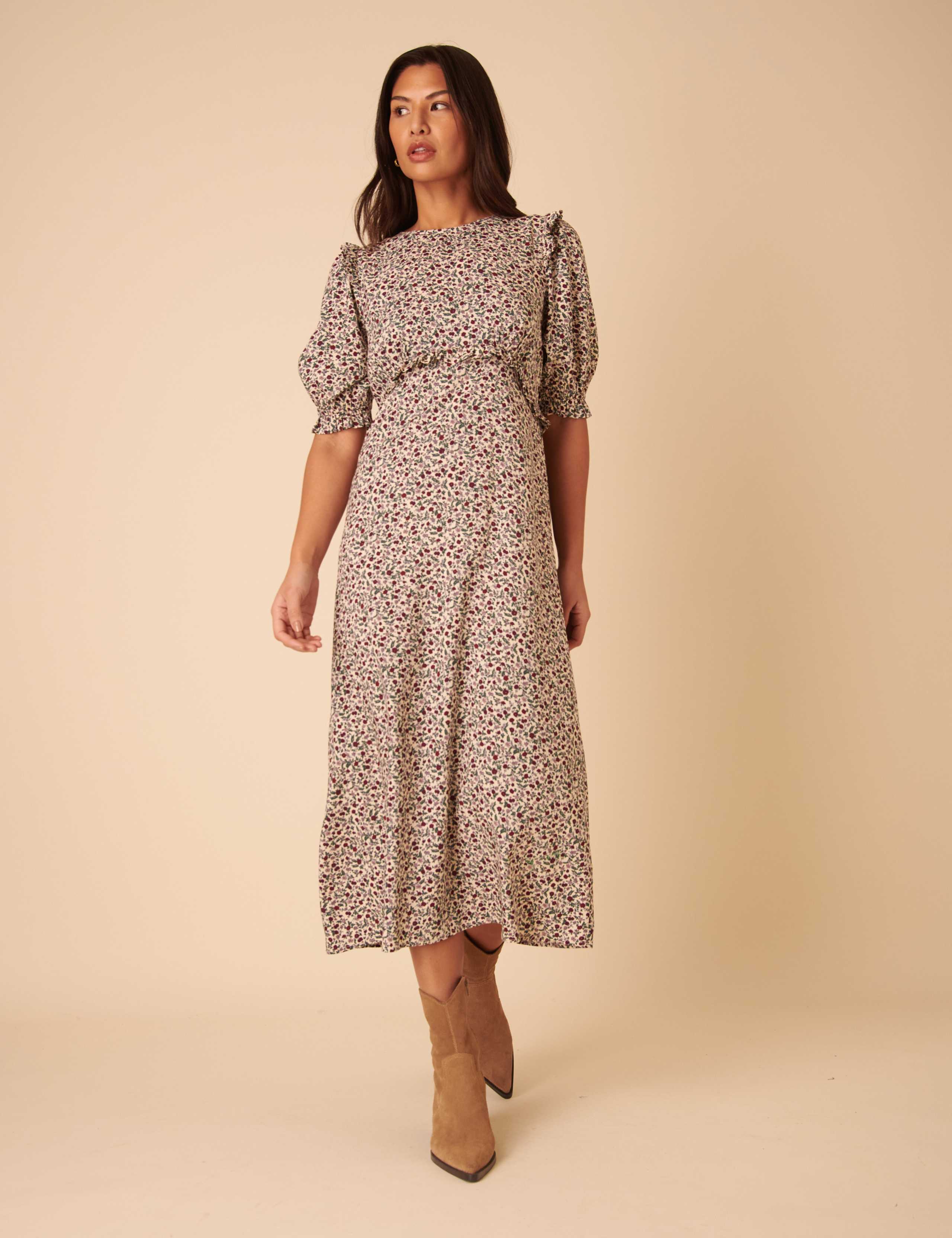 Ditsy Floral Frill Detail Puff Sleeve Midi Tea Dress 2 of 4