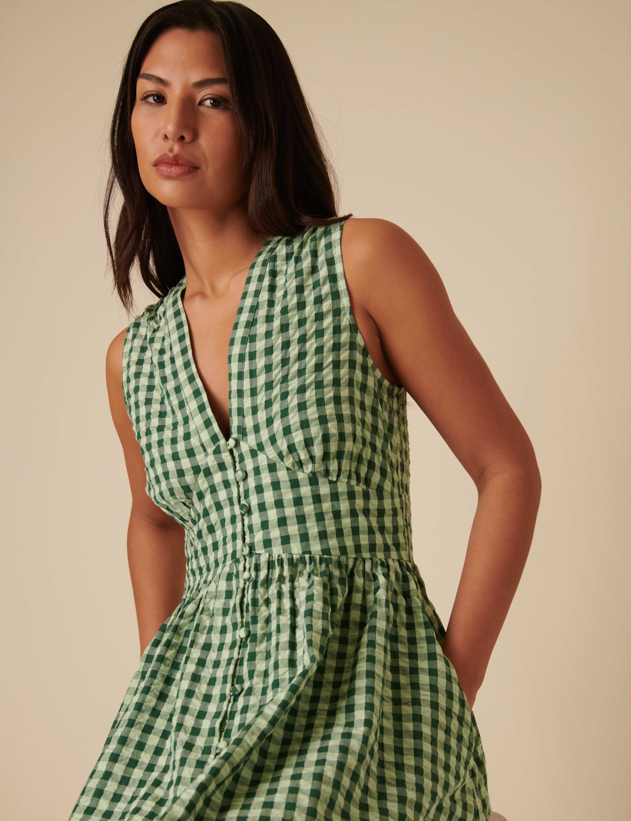 Pure Cotton Gingham Midaxi Waisted Dress 6 of 7