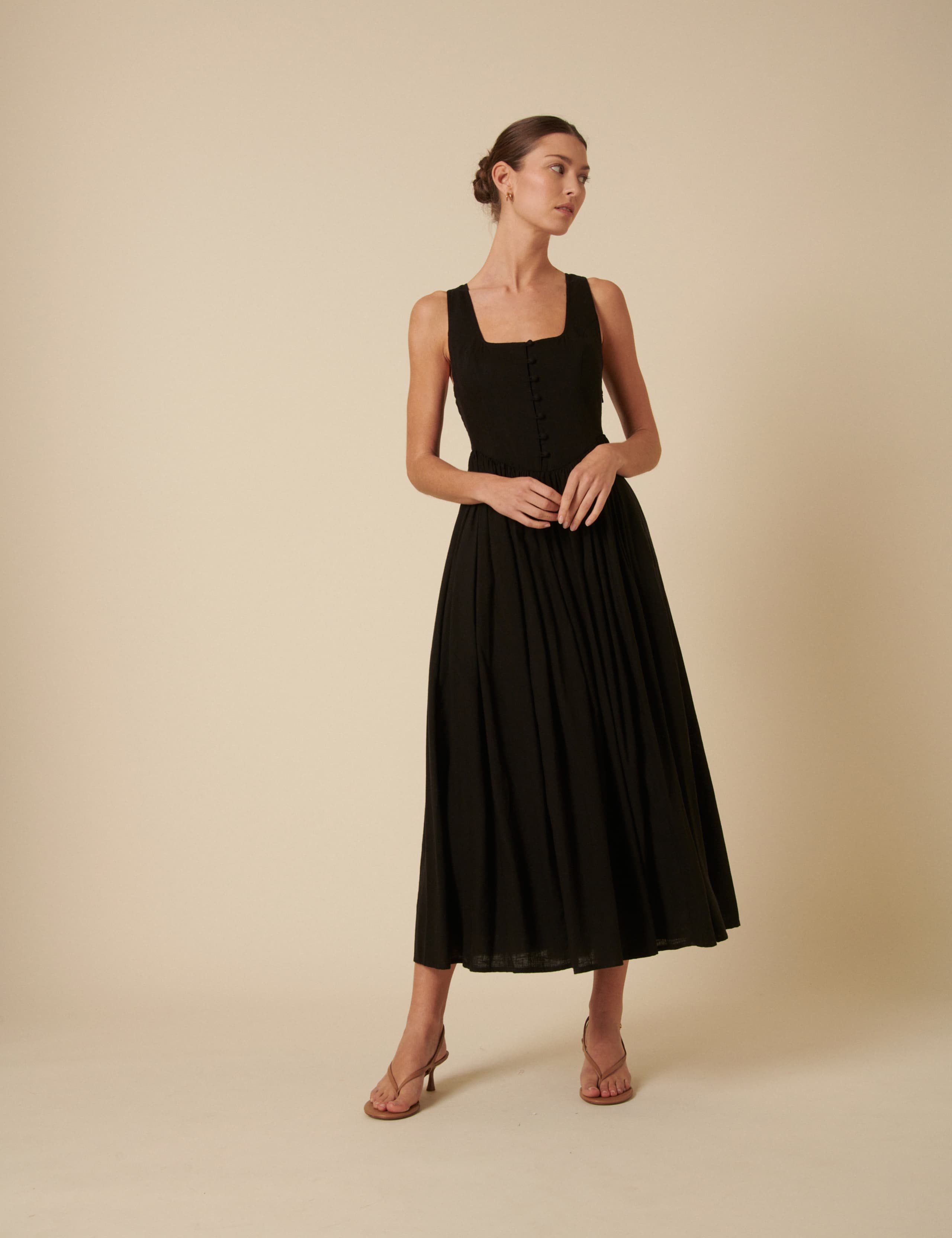 Square Neck Button Front Midaxi Waisted Dress with Linen 2 of 5