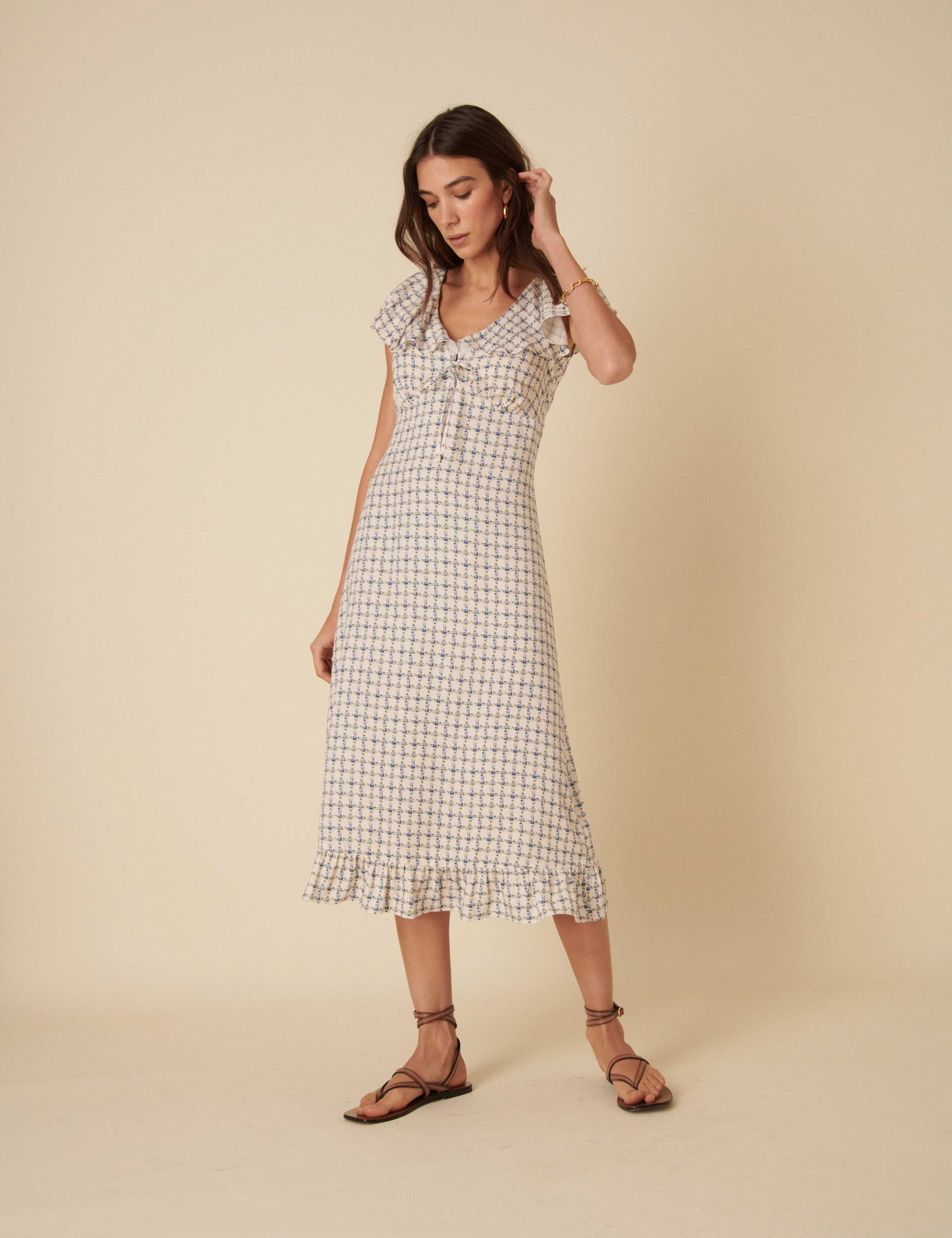 Floral Check V-Neck Midi Tea Dress 2 of 4