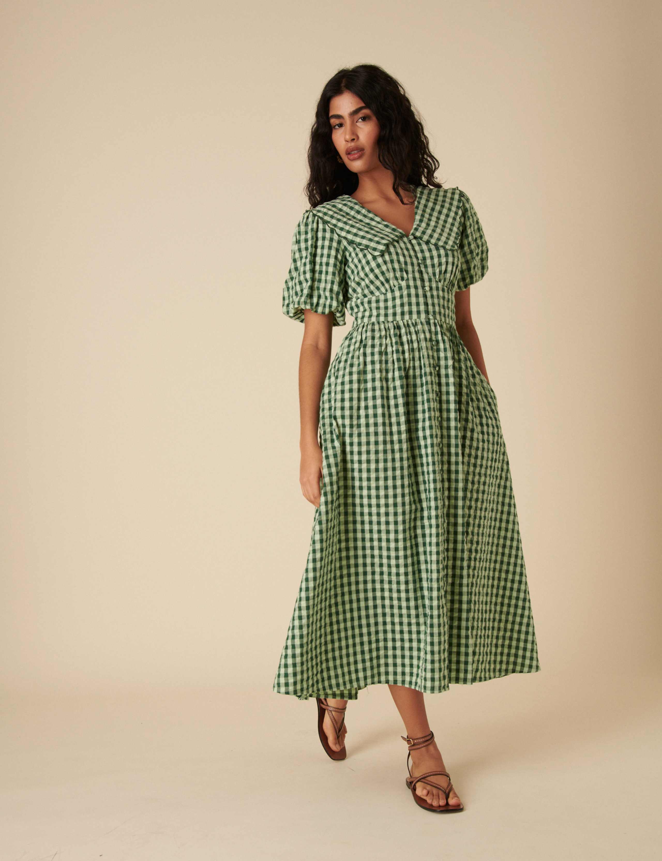 Pure Cotton Gingham Midaxi Waisted Dress 2 of 4